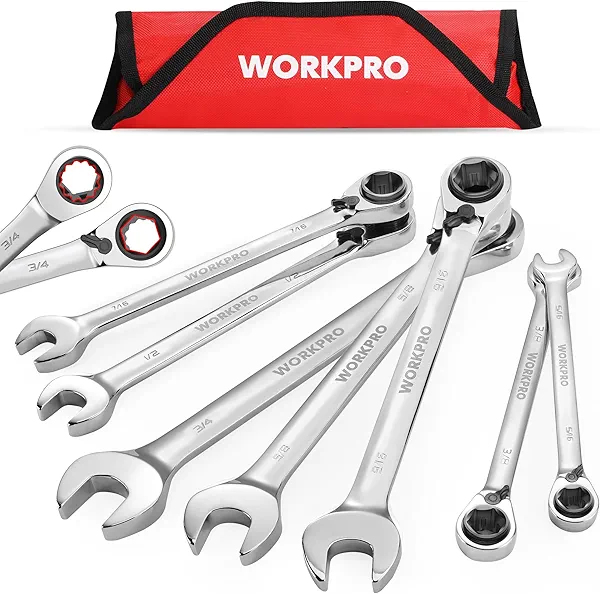 WORKPRO 7-Piece 3-in-1 Reversible Ratchet Wrench Set, SAE 5/16" to 3/4", 6PT &12PT & Open-End Wrenches, 72-Teeth Ratcheting Combination Wrench with Rolling Pouch