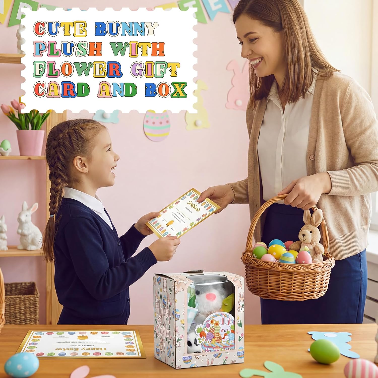 Skylety Easter Stuffed Bunny Gift Set Including 5.3 Inch Stuffed Sitting Lop Eared Rabbit with Carrot, Artificial Flower, Card and Box for Easter Hunt Basket Stuffers Egg Fillers Rabbit in Box(Gray)