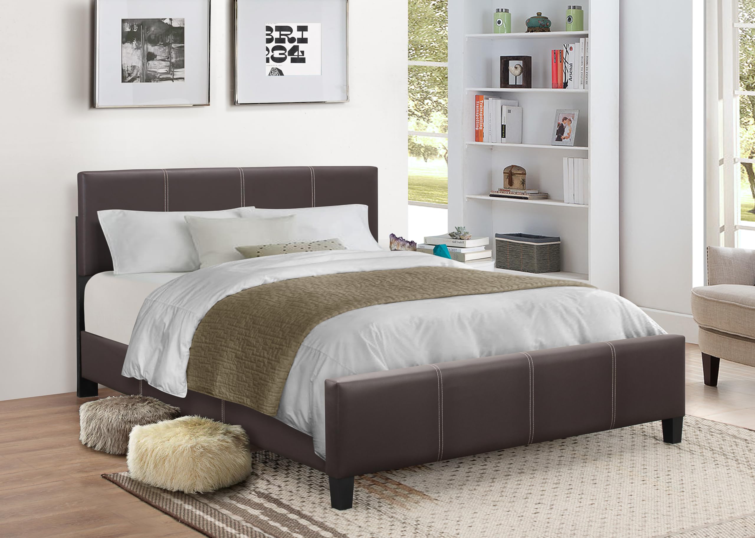 GTU Furniture Twin Upholstered Faux Leather Headboard with Platform Bed Frame in Espresso