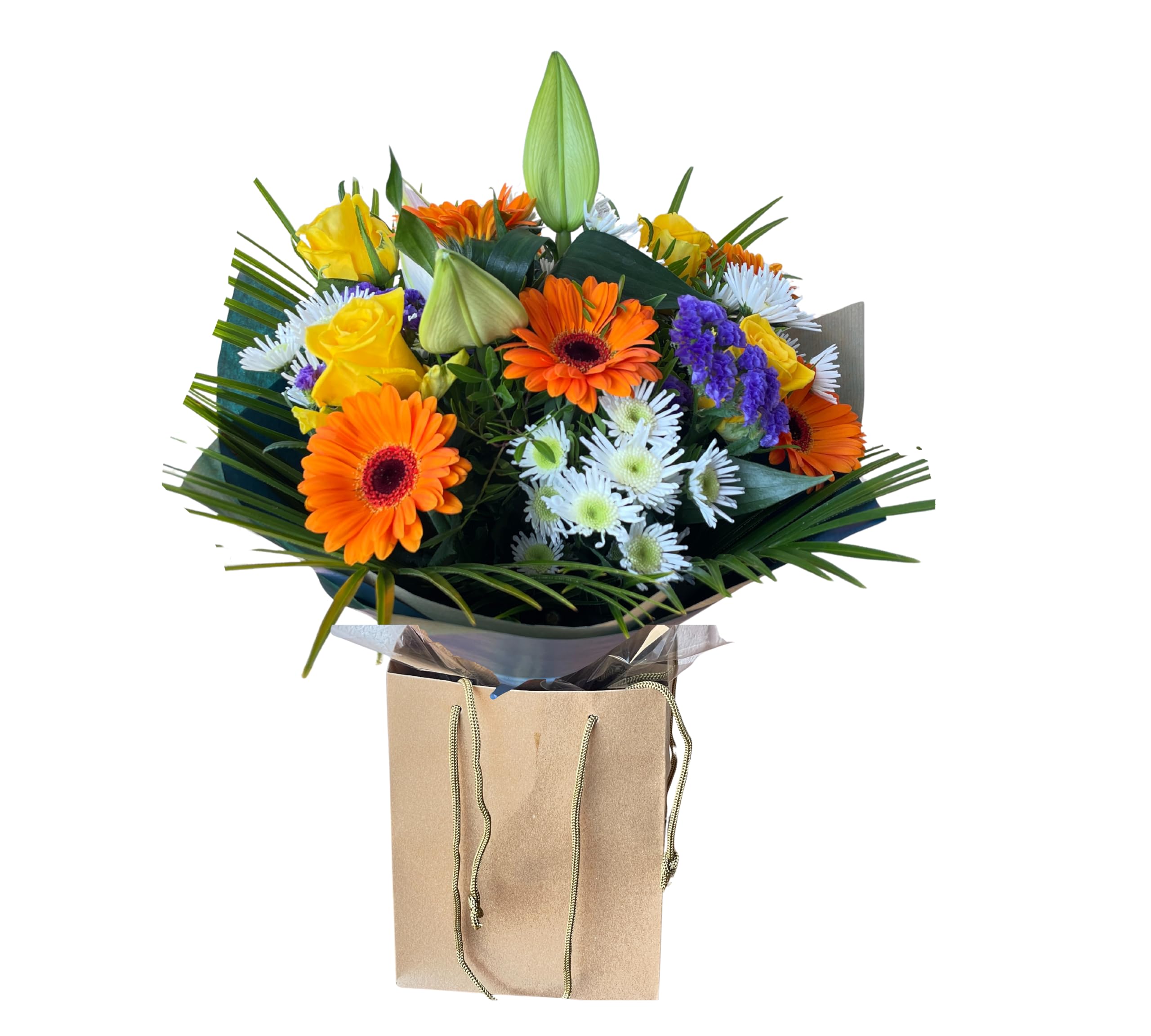 Bright Reverie – Fresh Yellow Roses, Orange Gerberas, White Chrysanthemums & Purple Statice – Colourful Flower Arrangement for Gifting, Weddings, Celebrations Birthday