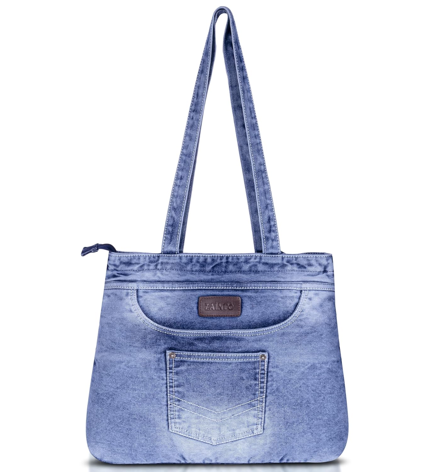 ZAINTO® Denim Tote Bag for Women with Zip | Stylish & Durable College, Travel & Work Shoulder Bag | Eco-Friendly Upcycled Jean Fabric | Spacious Lightweight Handbag for Girls & Ladies