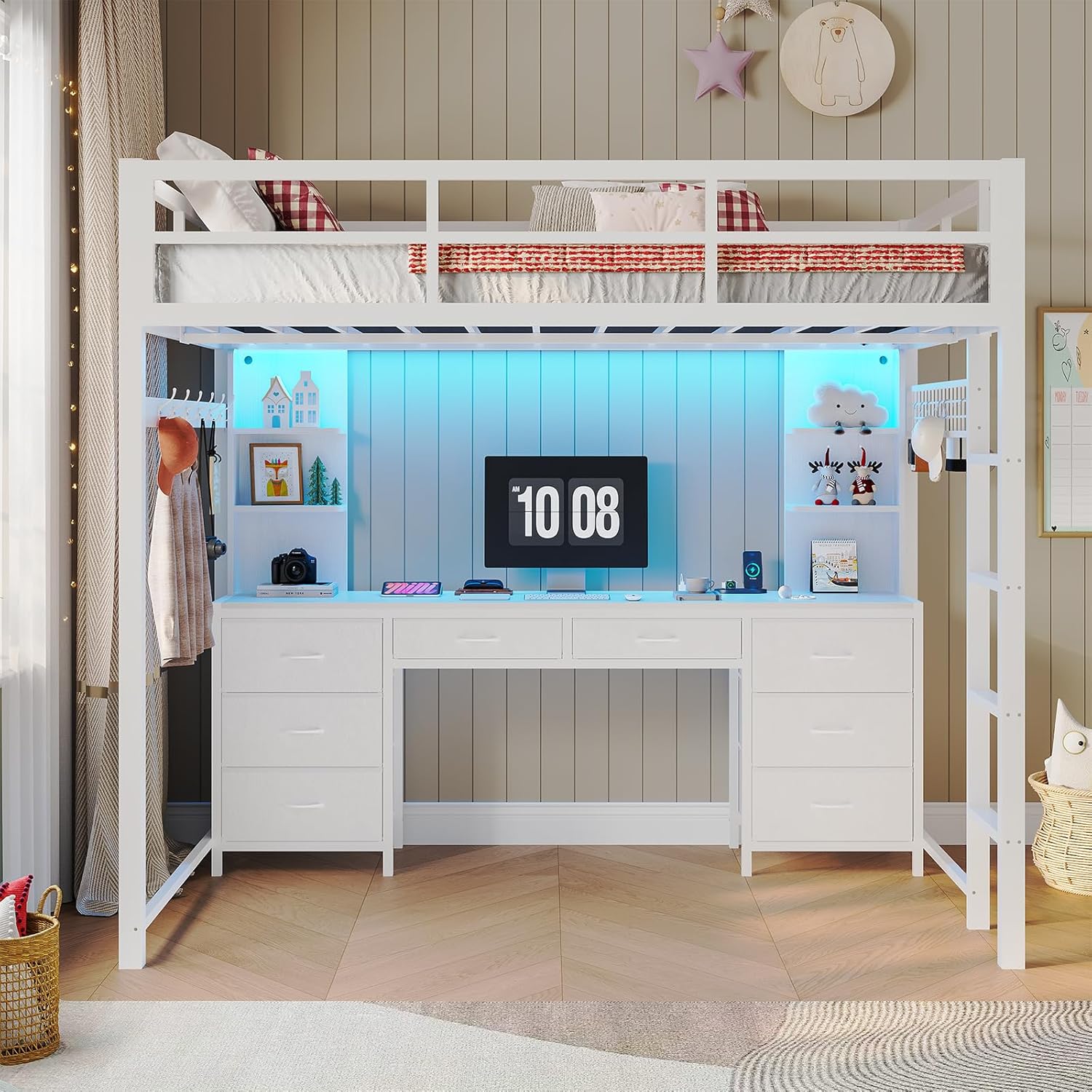 ADORNEVE Full Size Loft Bed with Desk and 8 Storage Drawers, Metal Loft Beds Full with LED Lights & Charging Sation, Heavy Duty Loft Bed Frame with 6 Storage Shelves, Space-Saving, Noise Free,White