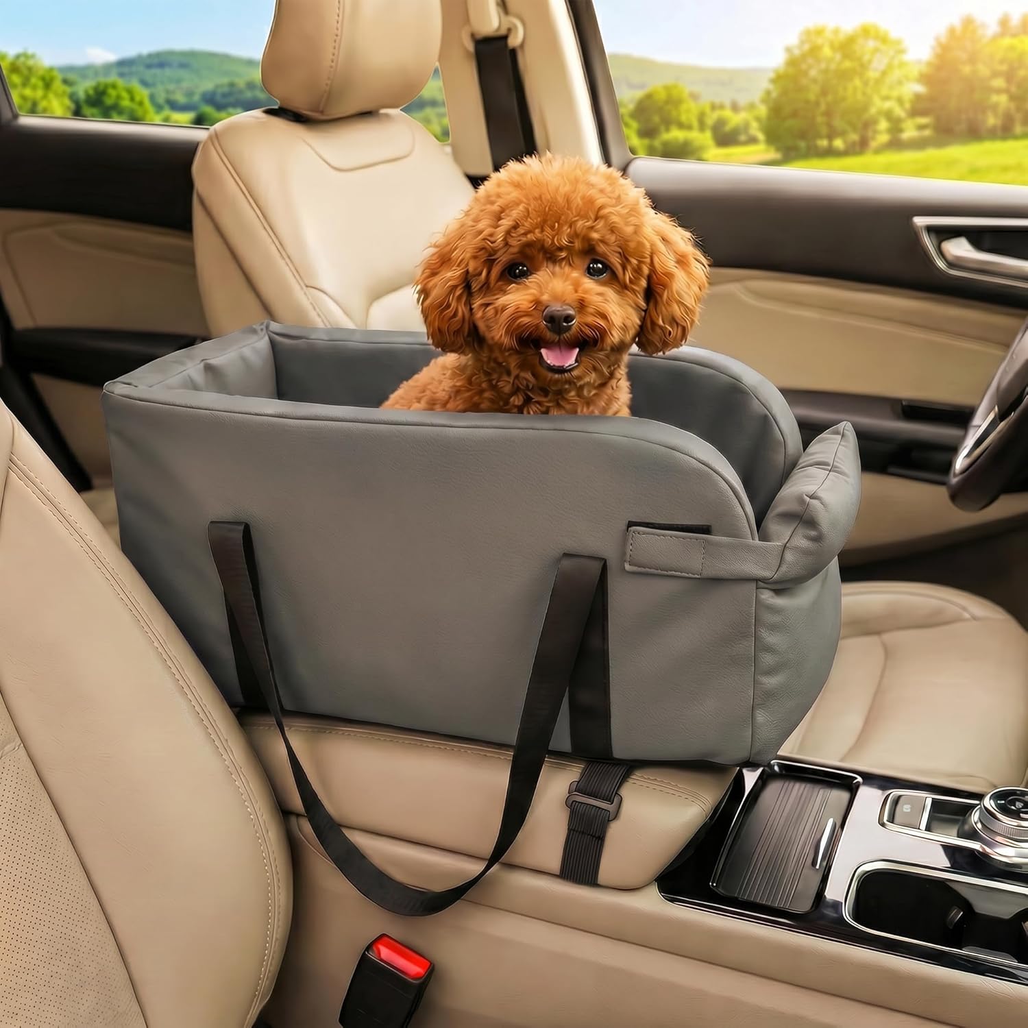Waterproof Faux Leather Center Console Dog Car Seat, 2-in-1 Portable Puppy Carrier & Armrest Booster Seat for Small Dogs, Easy-to-Clean Tech Fabric, Sturdy Cushioned, Anti-Collapse Walls, Under 11 lbs