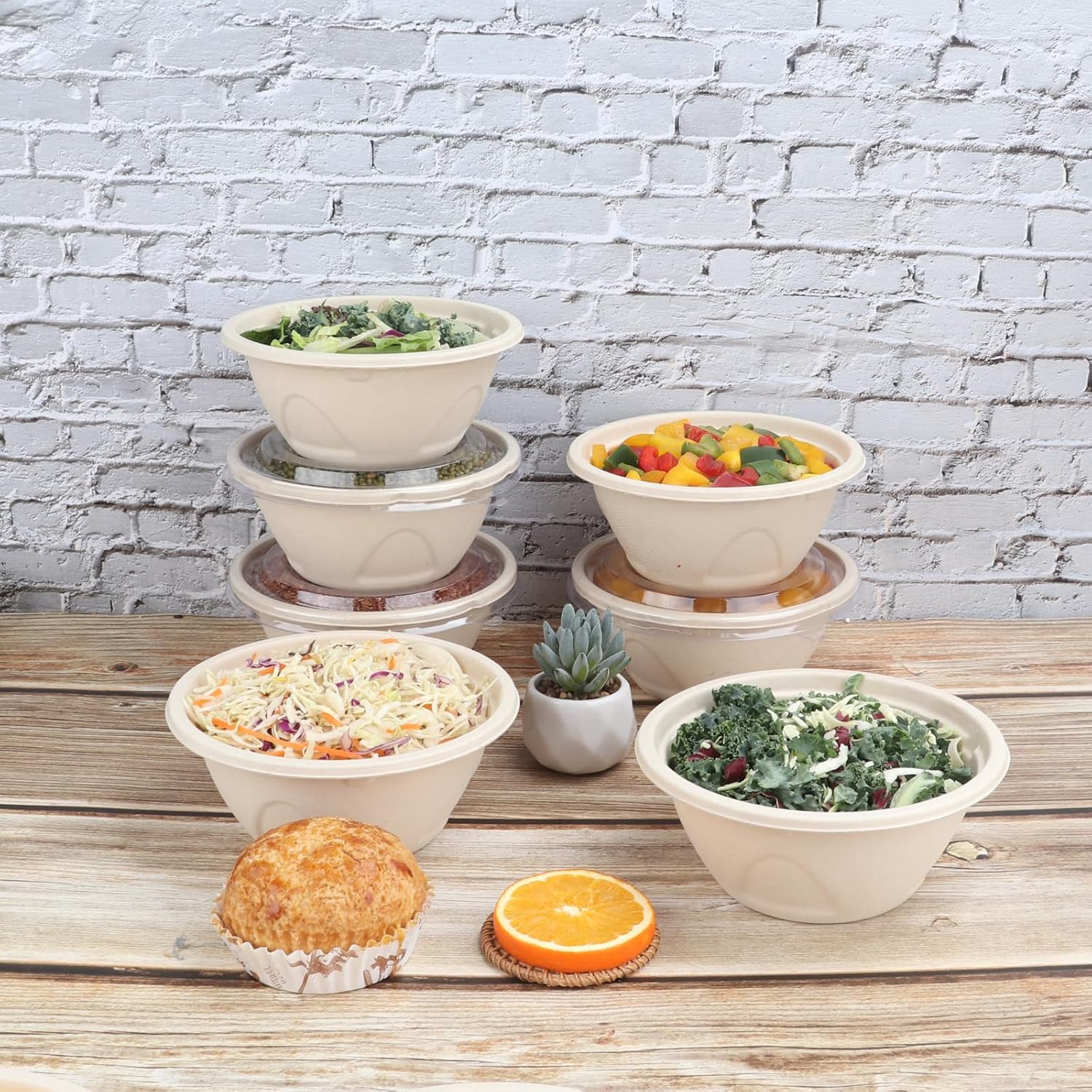 33 oz Disposable salad bowls with lids, Sugarcane Fiber Paper Bowls take away food containers Plant Fibers Freezer Safe 50 Pack