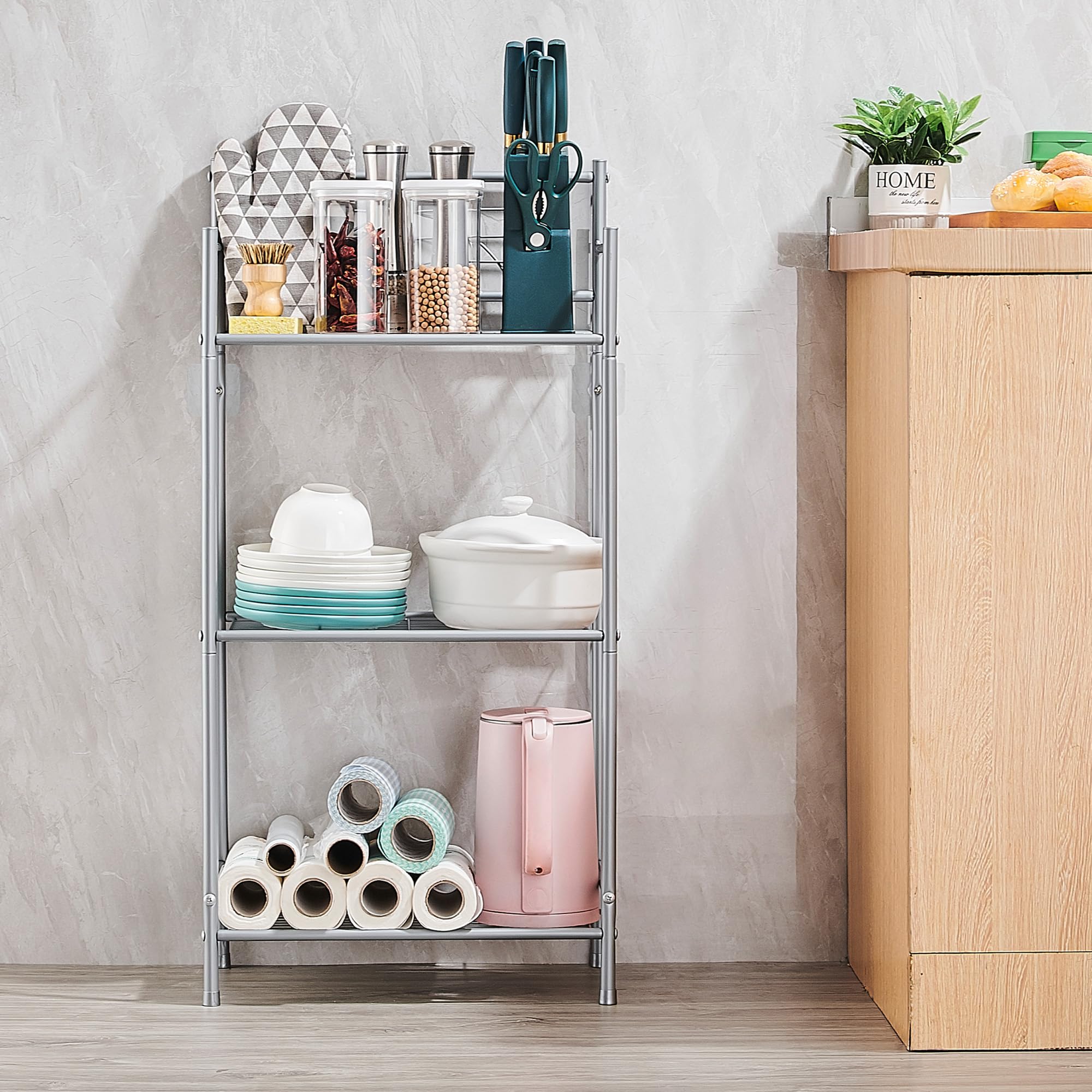 Scaffale Bagno Organizzatore di Scaffali in Metallo 3 Ripiani Scaffale Cucina Salvaspazio Portasciugamani da Terra per Bagno, Cucina, Soggiorno Grigio
