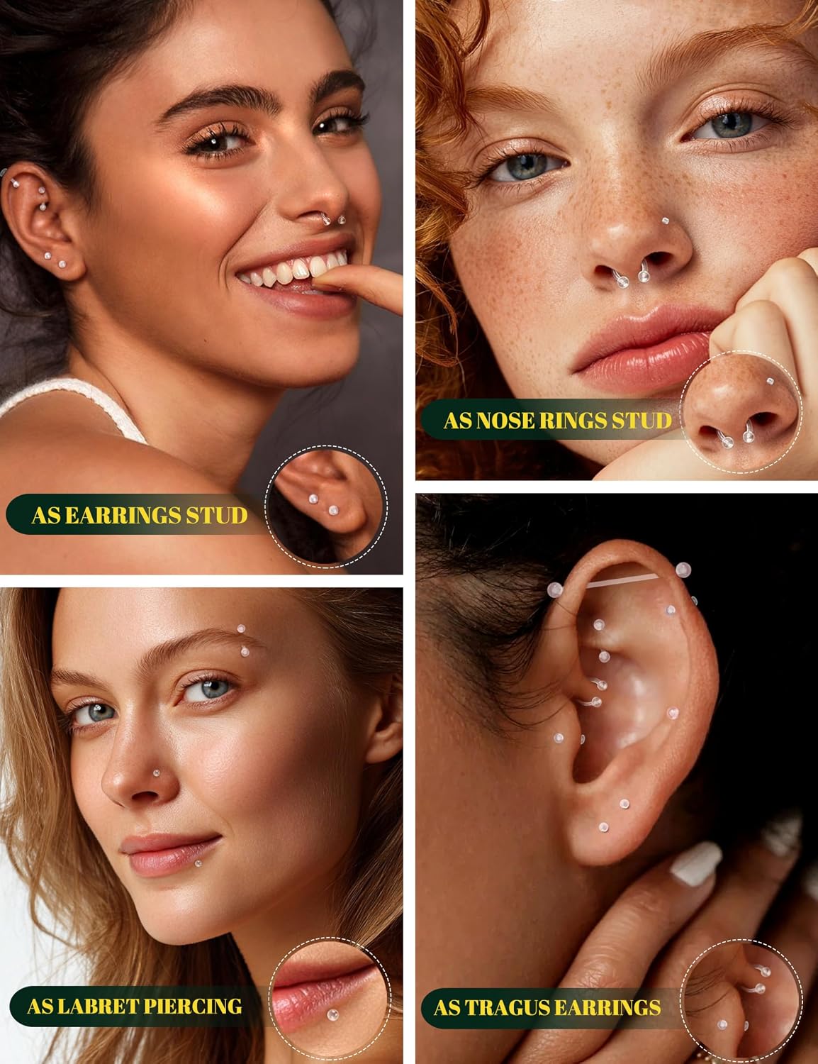 Dochais Clear Nose Stud Piercing Retainer Plastic Body Jewelry Lip Helix Septum Eyebrow Belly Cartilage Bioflex Industrial Bar L-Shape Invisible Flat Back Earring for Women Men Sport Surgery Work