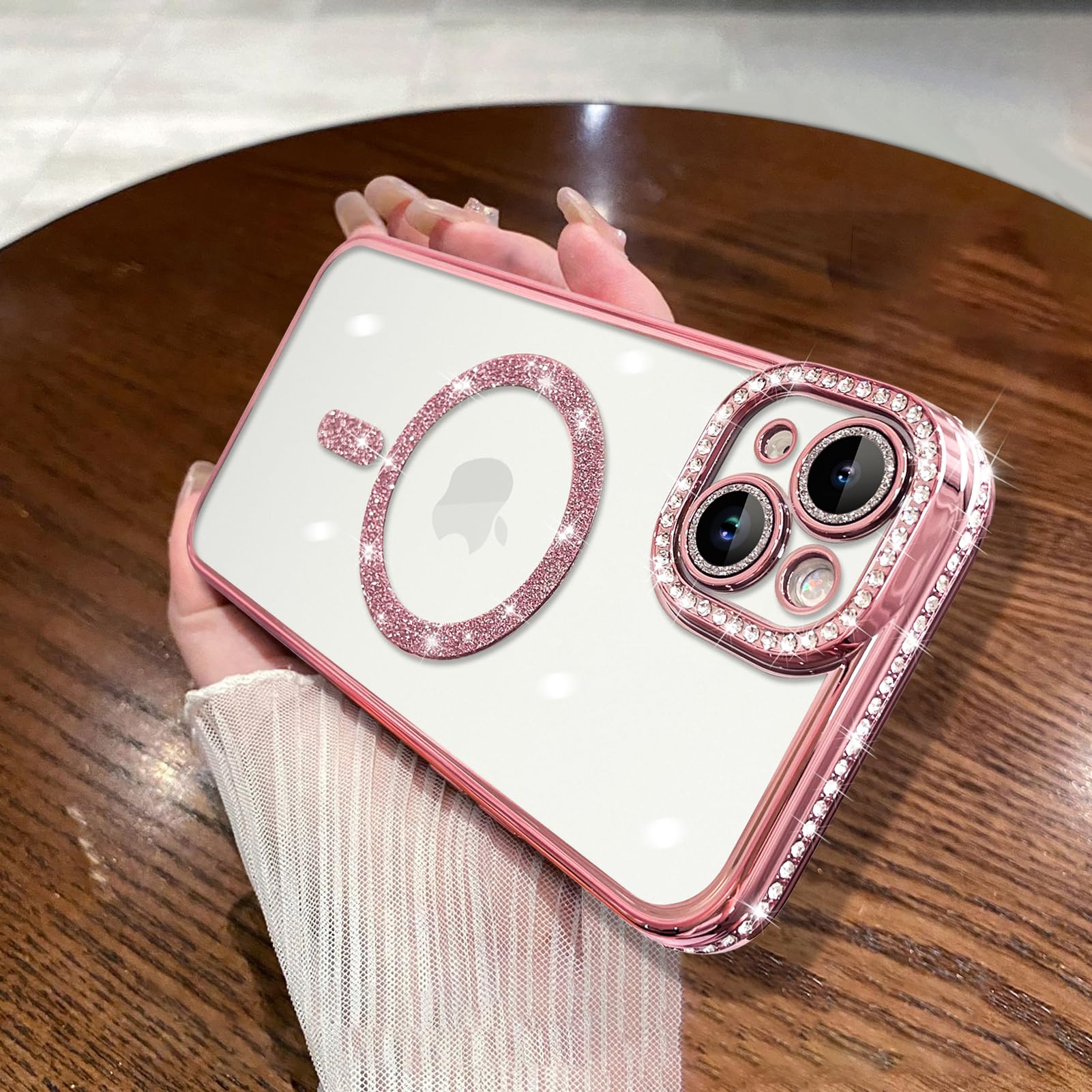 MZELQ Compatible with iPhone 15 Plus Case Plating Electroplate Magnetic [Support for Magsafe] Bling Glitter Sparkly Diamond Camera Lens Cover Crystal Matte Luxury Case for Girls Women -Pink