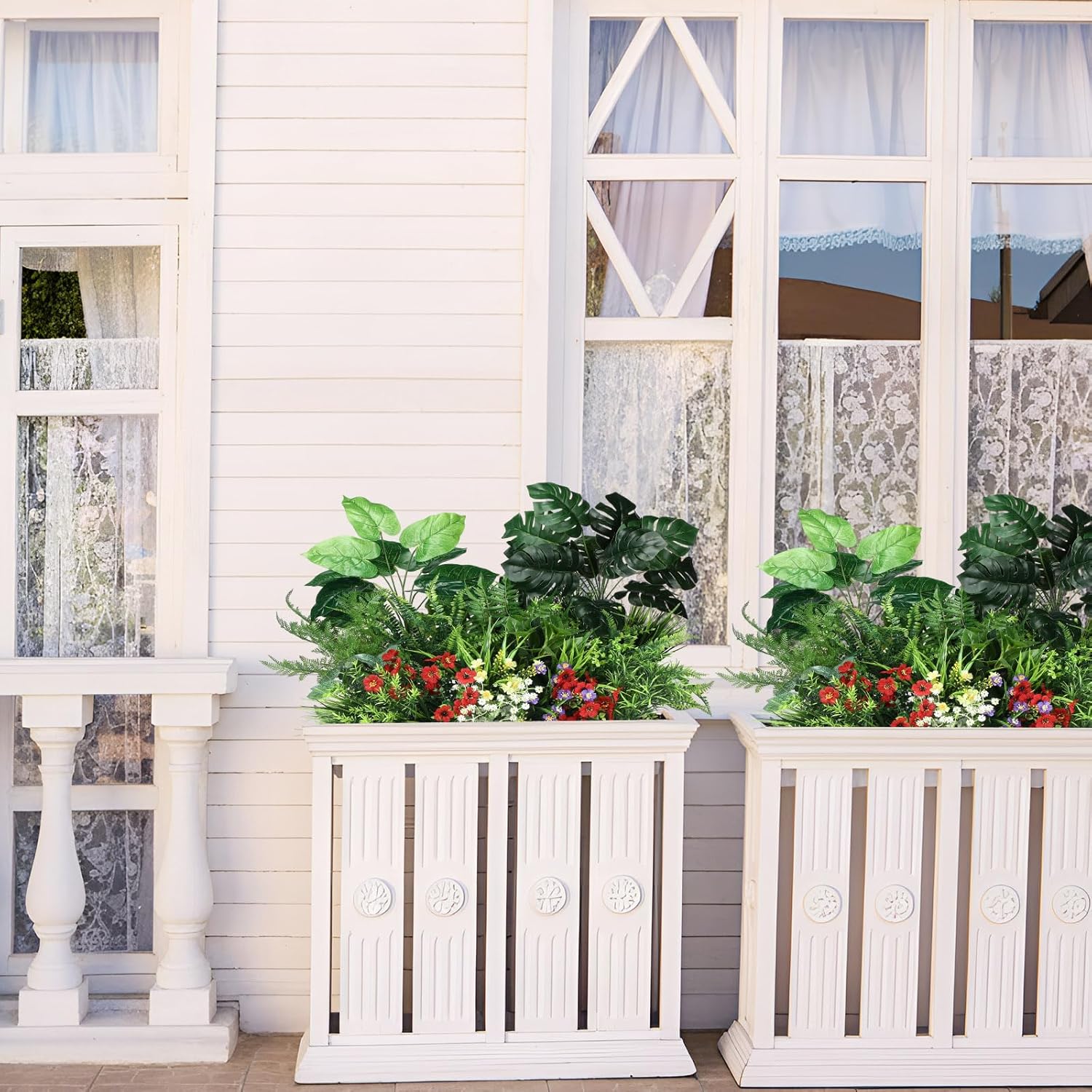 Norme 25 Pcs Artificial Outdoor Plants UV Resistant Fake Tropical Plants Flowers Greenery Faux Shrubs Bushes for Garden Front Porch Planter Window Box Home Spring Summer Decor