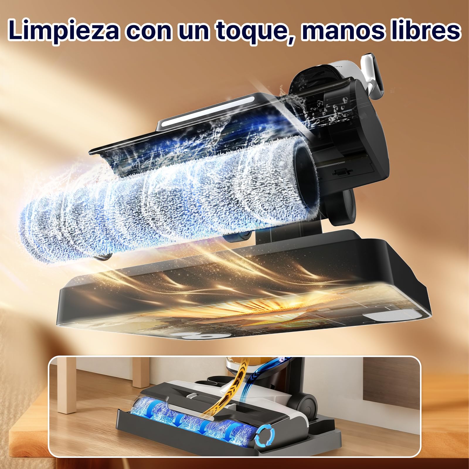 Hearten Aspiradora Fregadora Sin Cable, Desinfección con Agua Electrolizada, Diseño Autopropulsado Fregona Electrica, Autolimpieza, LED, Navegación por Voz, de Bordes, para Suelos Duros,Madera y más