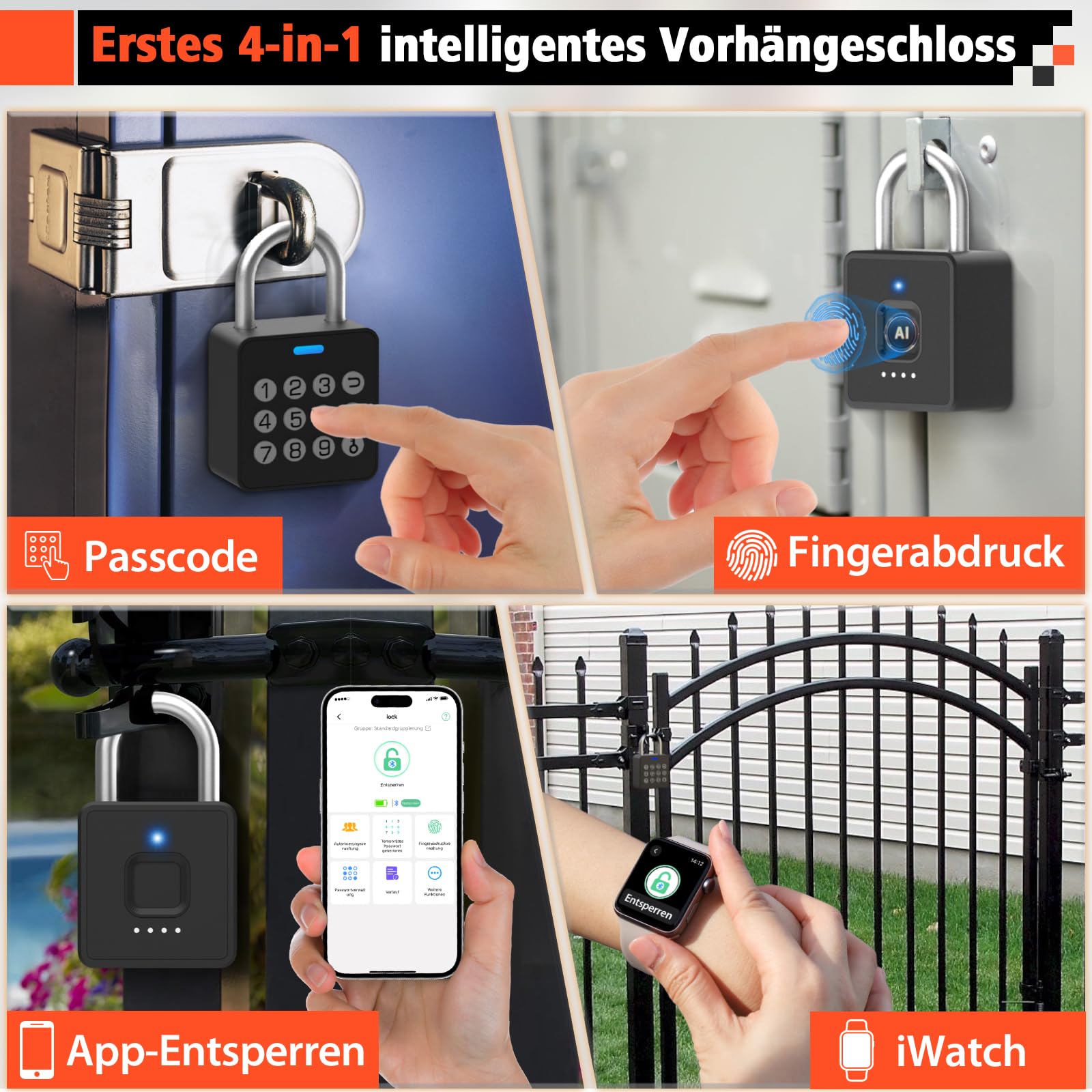 Anweller Zahlenschloss Vorhängeschloss mit Fingerabdruck, Fingerabdruck Smart Biometrie App Schloss, Vorhängeschloss Wetterfest für Gartentor, Spind, Fitnessstudio, Schulschrank, Keller