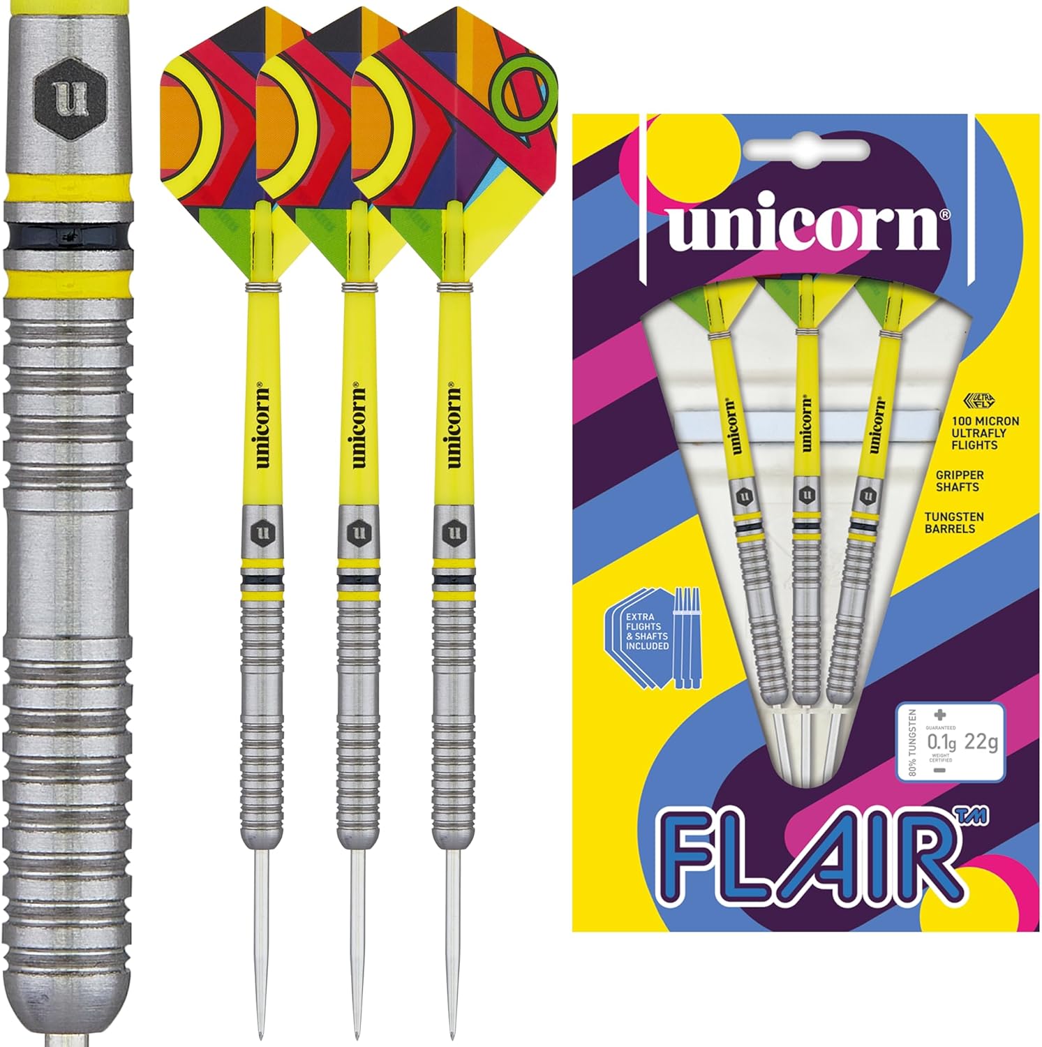 Unicorn Darts Set | Flair | 80% Natural Tungsten Barrels with Black & Yellow Accents & Laser Etched U Logo Hallmark | Steel Tip | Extra Flights & Shafts | 20 g, 21 g, 22 g, 23g or 24 g
