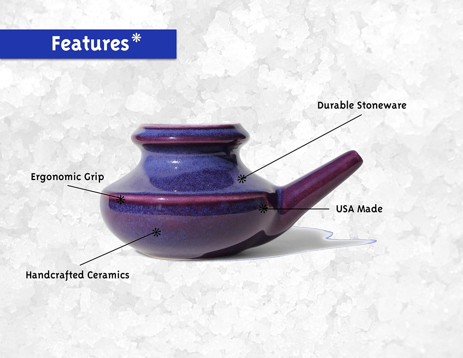 Baraka Neti Pot Tool Kit - Snoring & Saline Solution, Handcrafted Ceramic Dishwasher Safe with 2oz Mineral Sea Salt for Nose Cleaning & Sinus Rinse Perfect for Allergy Relief in Adults & Kids (Purple)