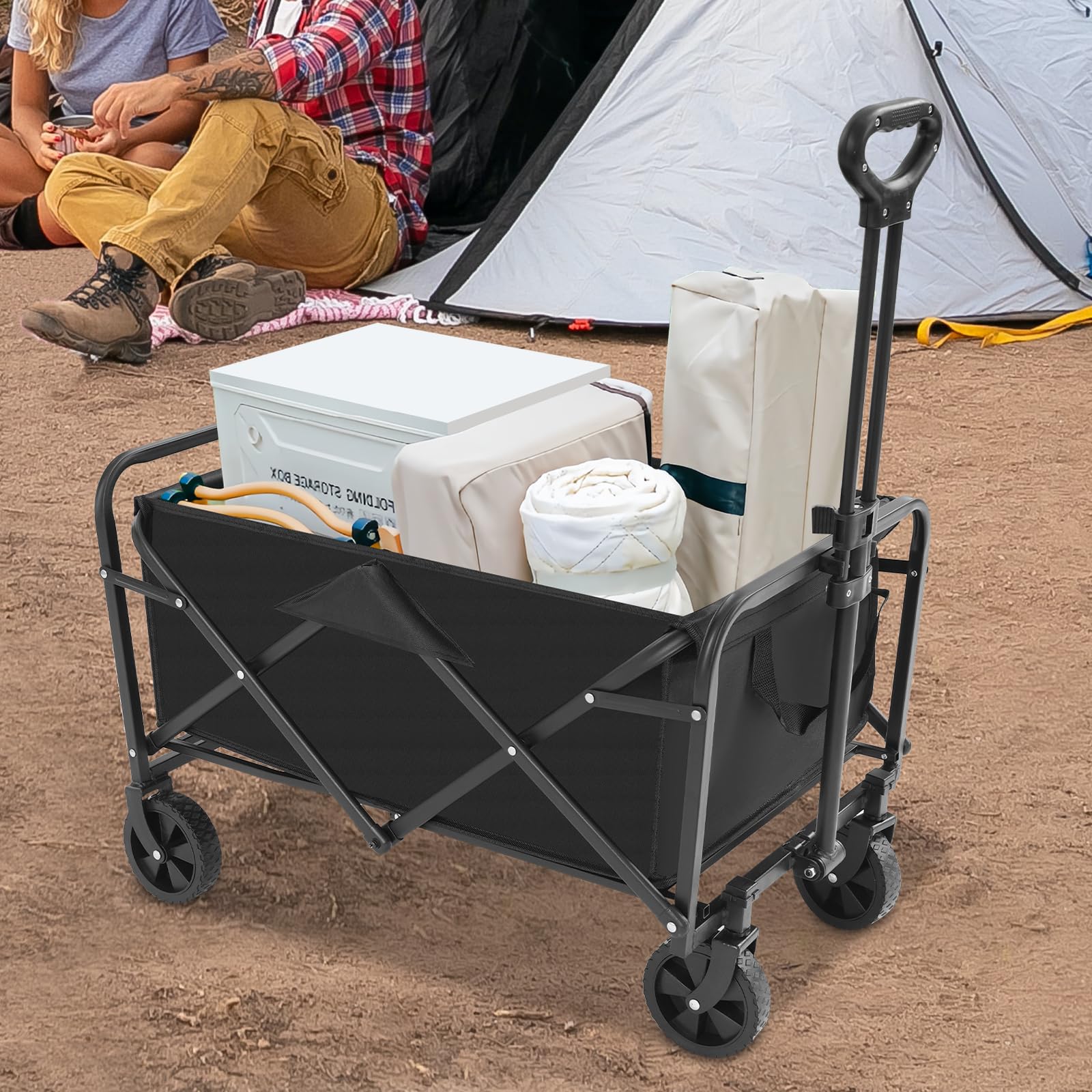 Carro de mano plegable pequeño carrito de mano ruedas todoterreno con mango ajustable, antideslumbrante con protección UV, carrito de playa para playa, jardín, camping, compras