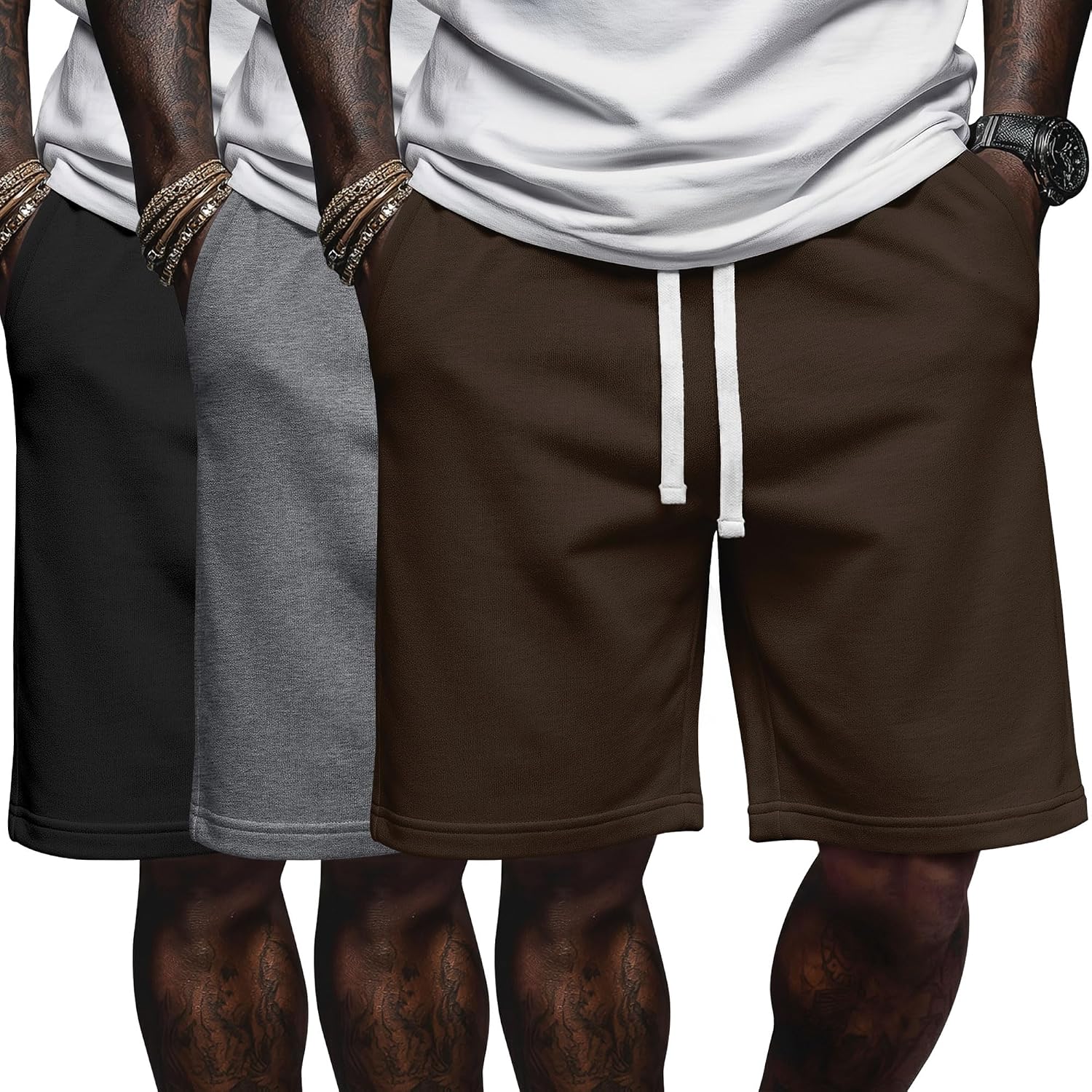 August Alley 3 Pack Mens Athletic Shorts with Pockets Drawstring Elastic Waist Workout Sweat Shorts Gym Loose Fit Sport Pants