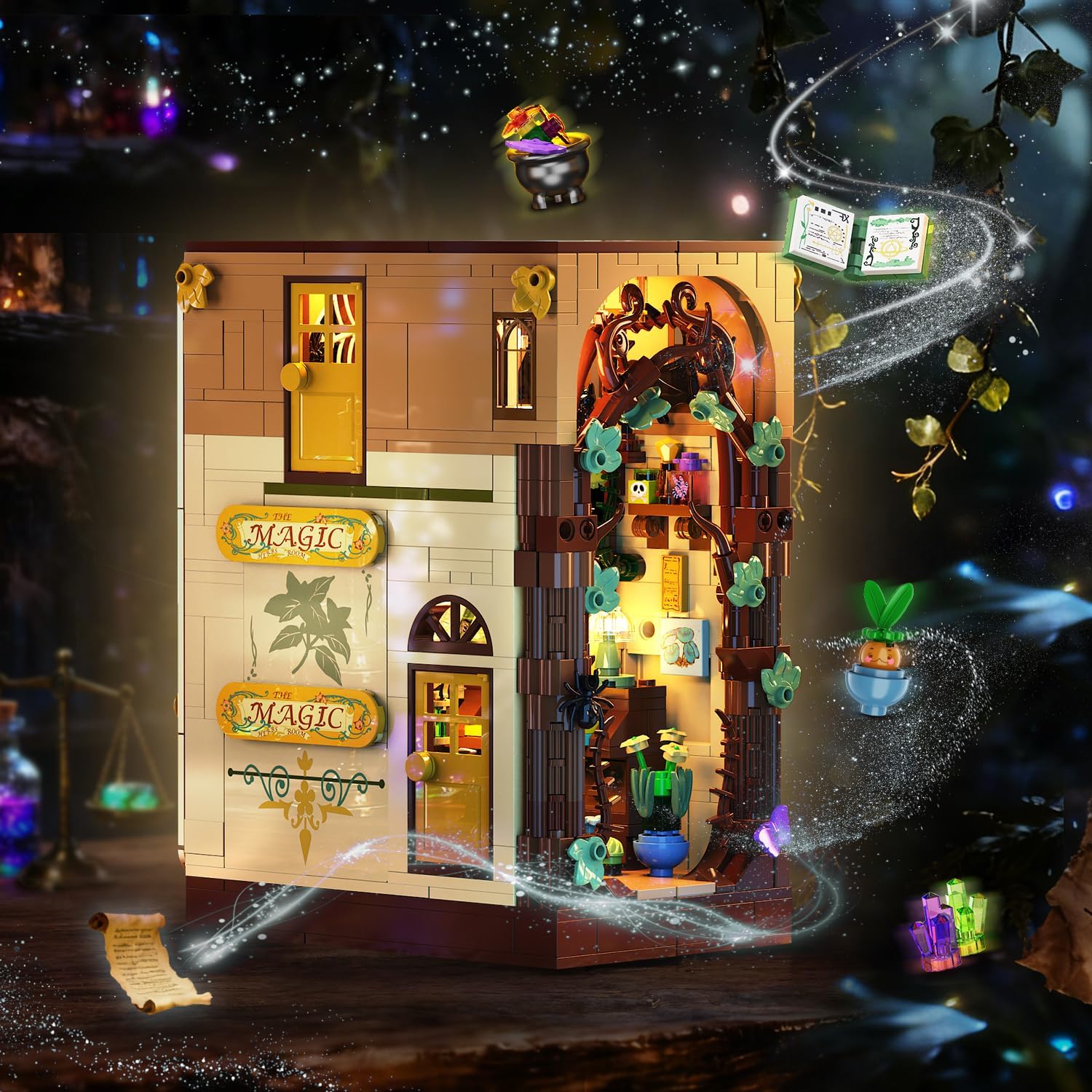 Magic Herb Book Nook Building Set with Light, DIY Booknook Building Block Kit for Home Bookshelf Decor, 930 PCS Miniature House Display Model Building Brick for Adults Teens Boys Girls Ages 10+