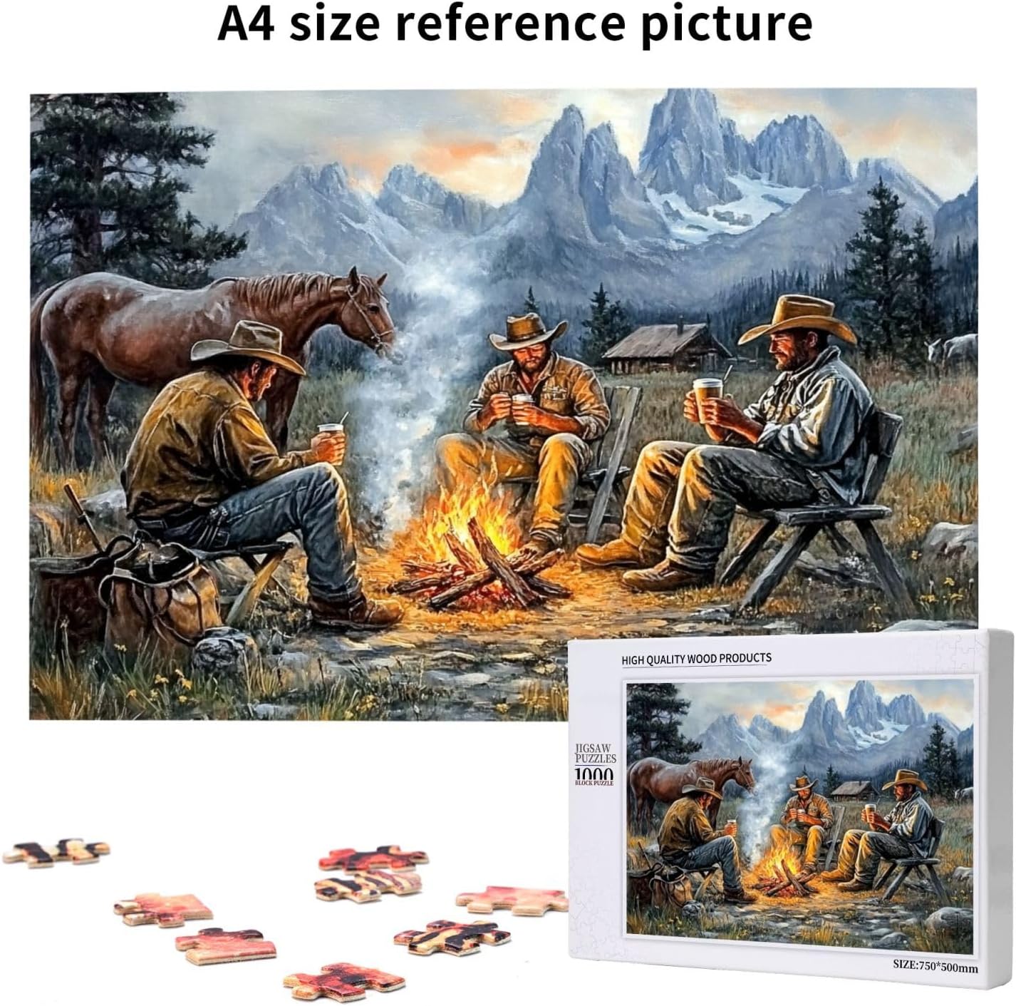 Cowboys by The Campfire，Adult Stress-Relieving Wooden Jigsaw Puzzle, 1000 Pieces，Retro Western-Themed Adult Jigsaw，Ideal Choice for Training Patience and Hands-On Ability