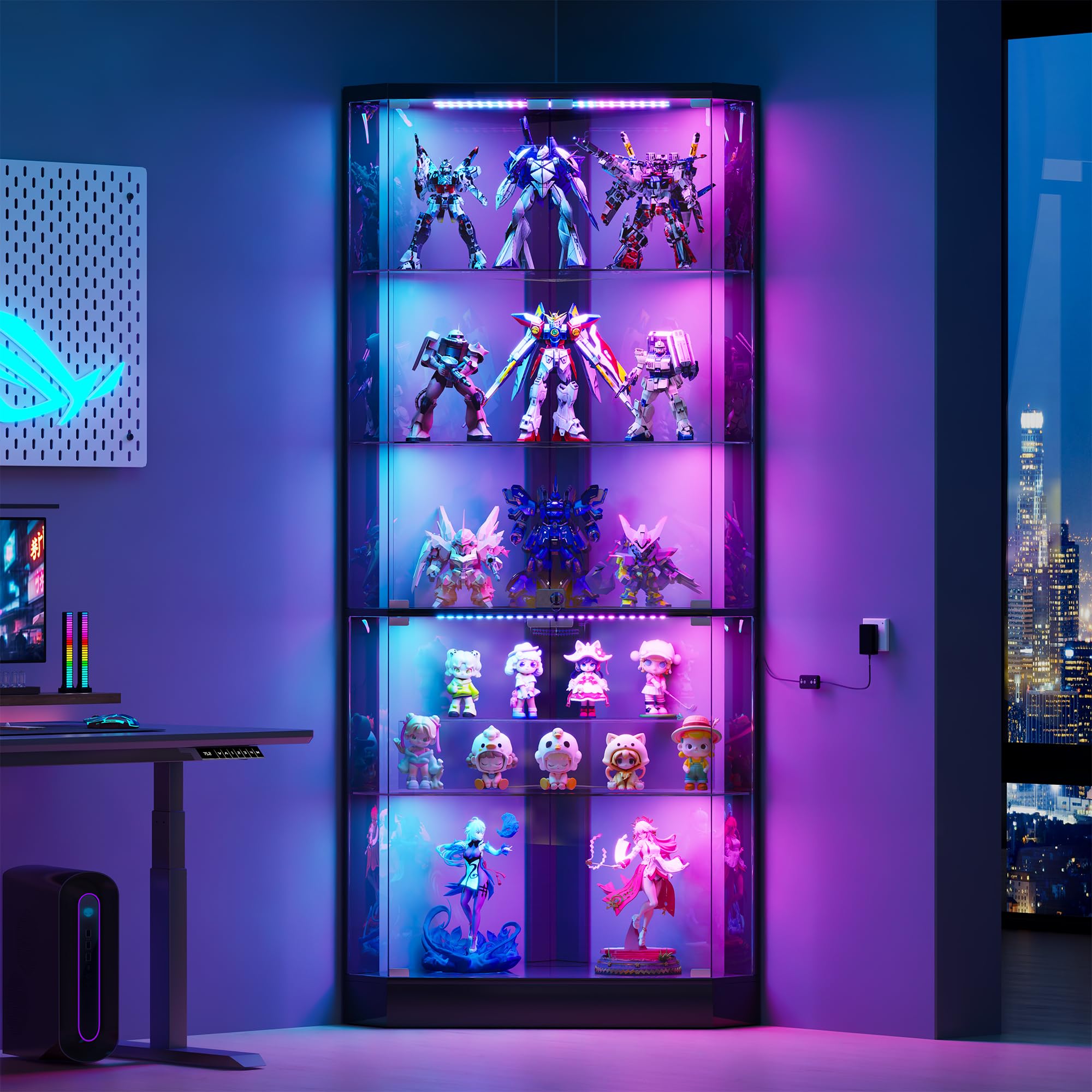 Eckvitrine – mit RGB Beleuchtung,5-Lagen Glasvitrine Vitrine mit Intelligente Sensorik,175 cm Höhe Vitrinenschrank Bücherregal Sammlervitrine Und Wohnzimmer Vitrine -Schlafzimmer Schwarz