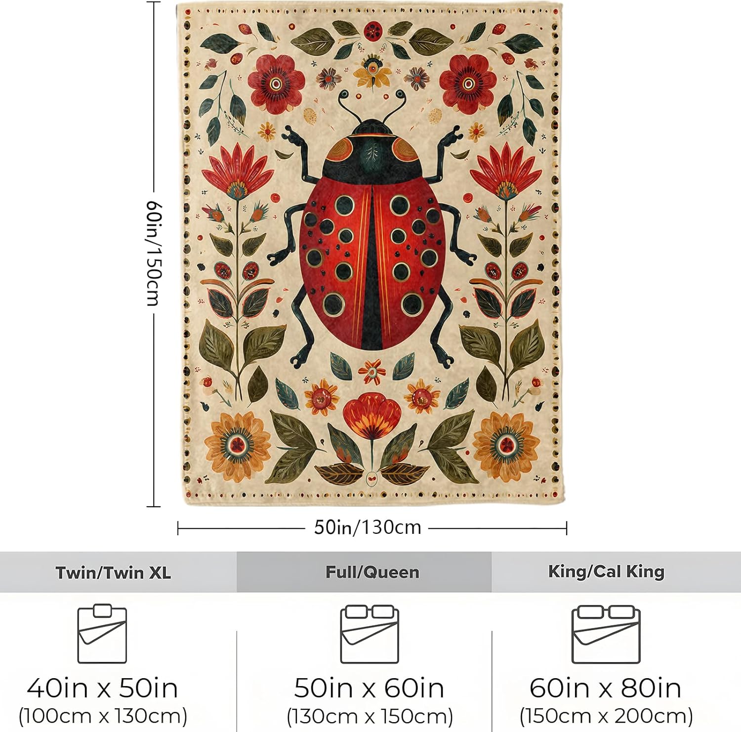 Ladybug Floral Blanket, Soft Cozy Lightweight Folk Art Style Red Ladybug Throw Blanket for Kids Girls Women, Sofa Couch Bed 50x60 Inch Colorful Flowers Flannel Blankets for Travel Decor Gifts