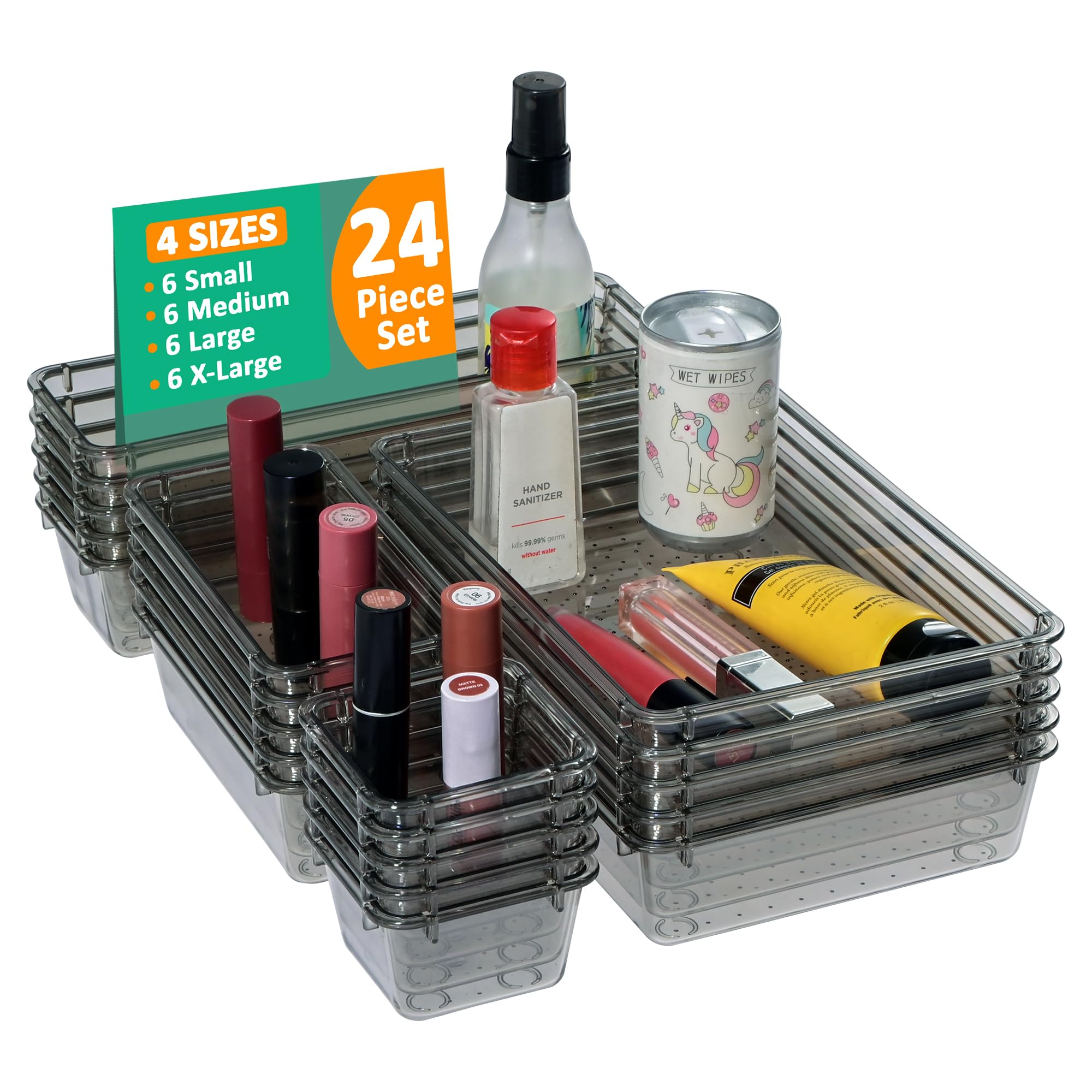 Kuber Industries 24 vassoi organizer per cosmetici in acrilico trasparente, organizer per cucina, ufficio e bagno, per trucchi, cancelleria, cassetto divisorio, nero