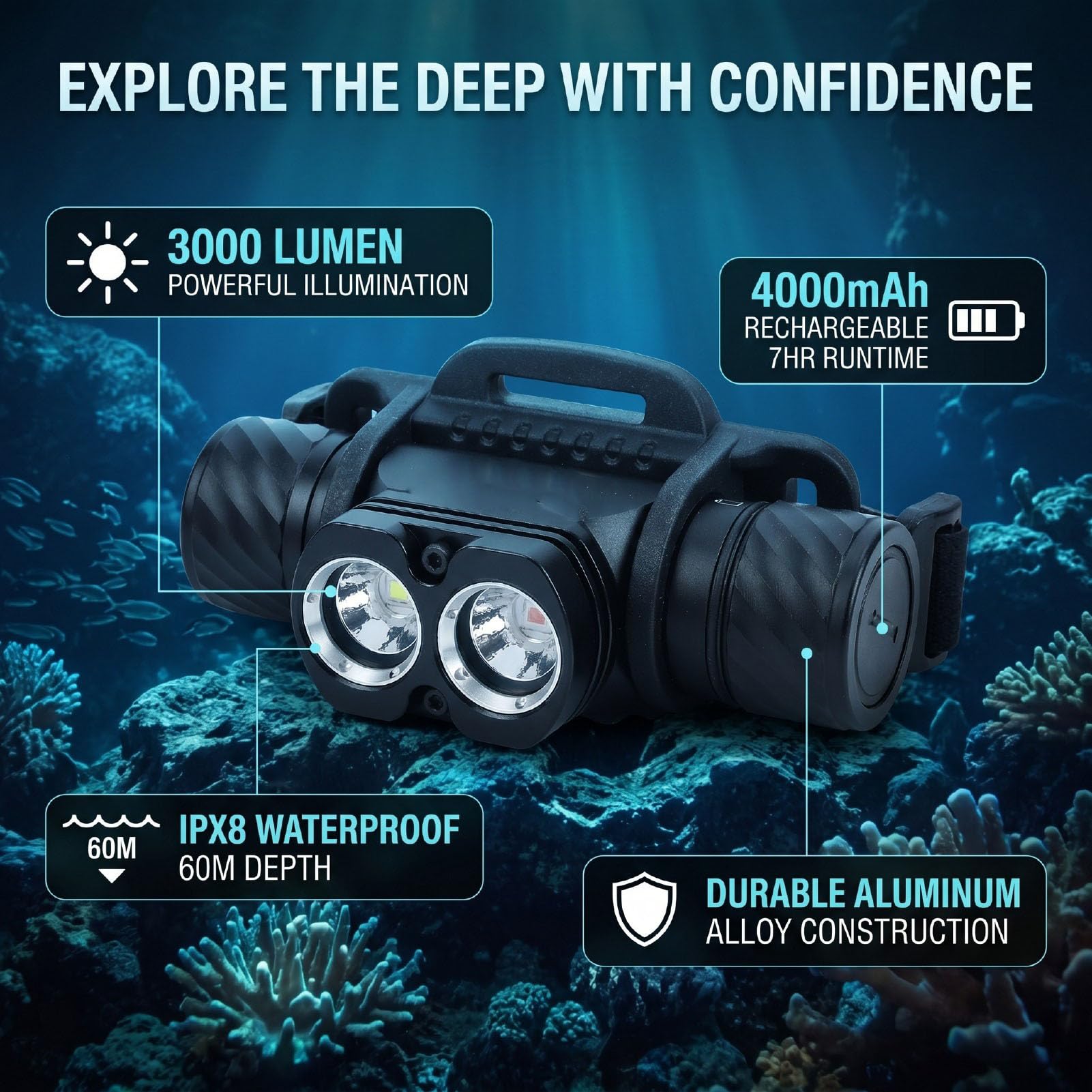POENVFPO Tauchscheinwerfer, 3000 Lumen Heller Unterwasserscheinwerfer mit 7 Stunden Laufzeit, IPX8 Wasserdicht 60 M, Zum Tauchen, Sportfischen