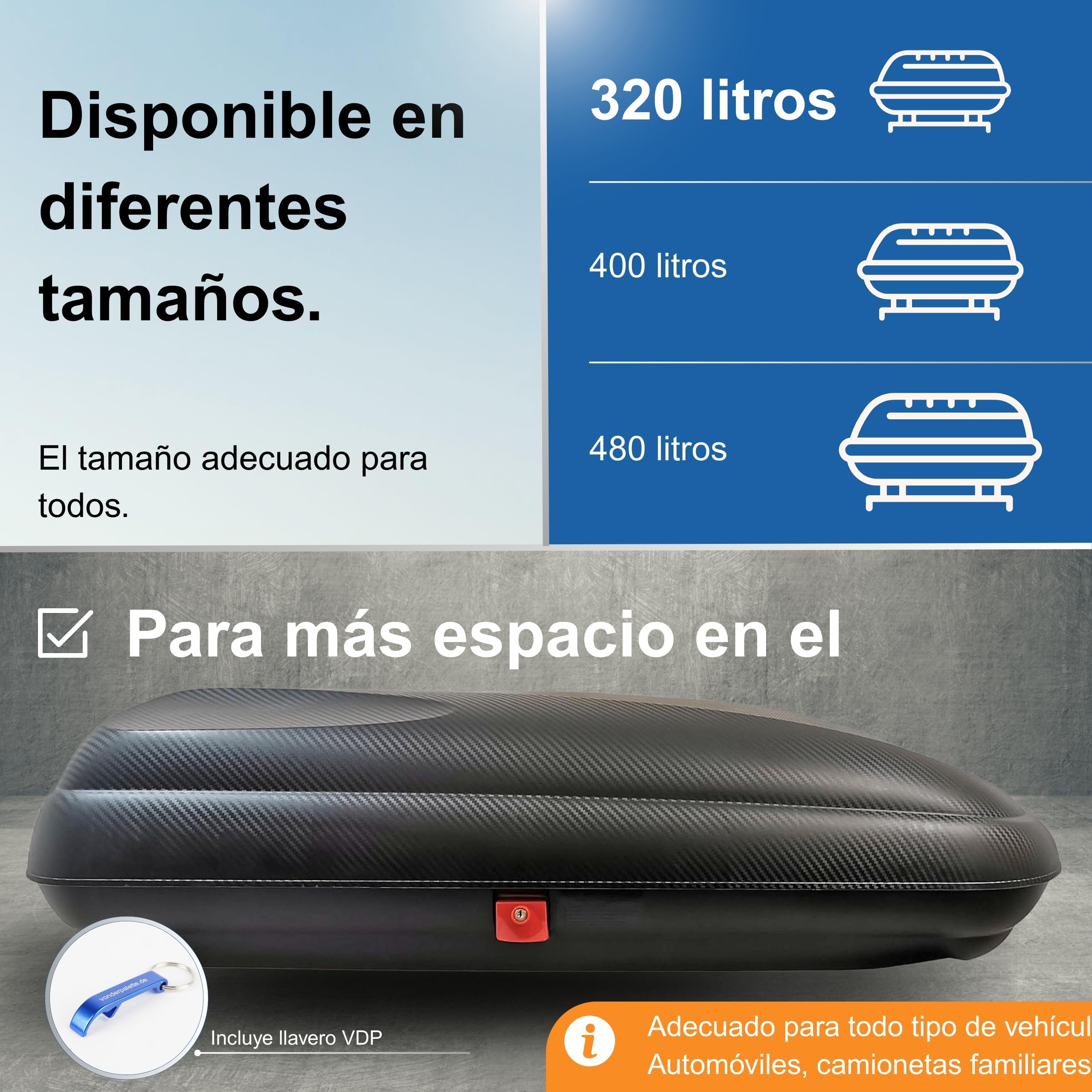 Baúl de techo de coche en polipropileno, característica de “fibra de carbono”, hecho con moldeo por inyección, ya montado, dimensiones 1320 x 778 x 345 mm h