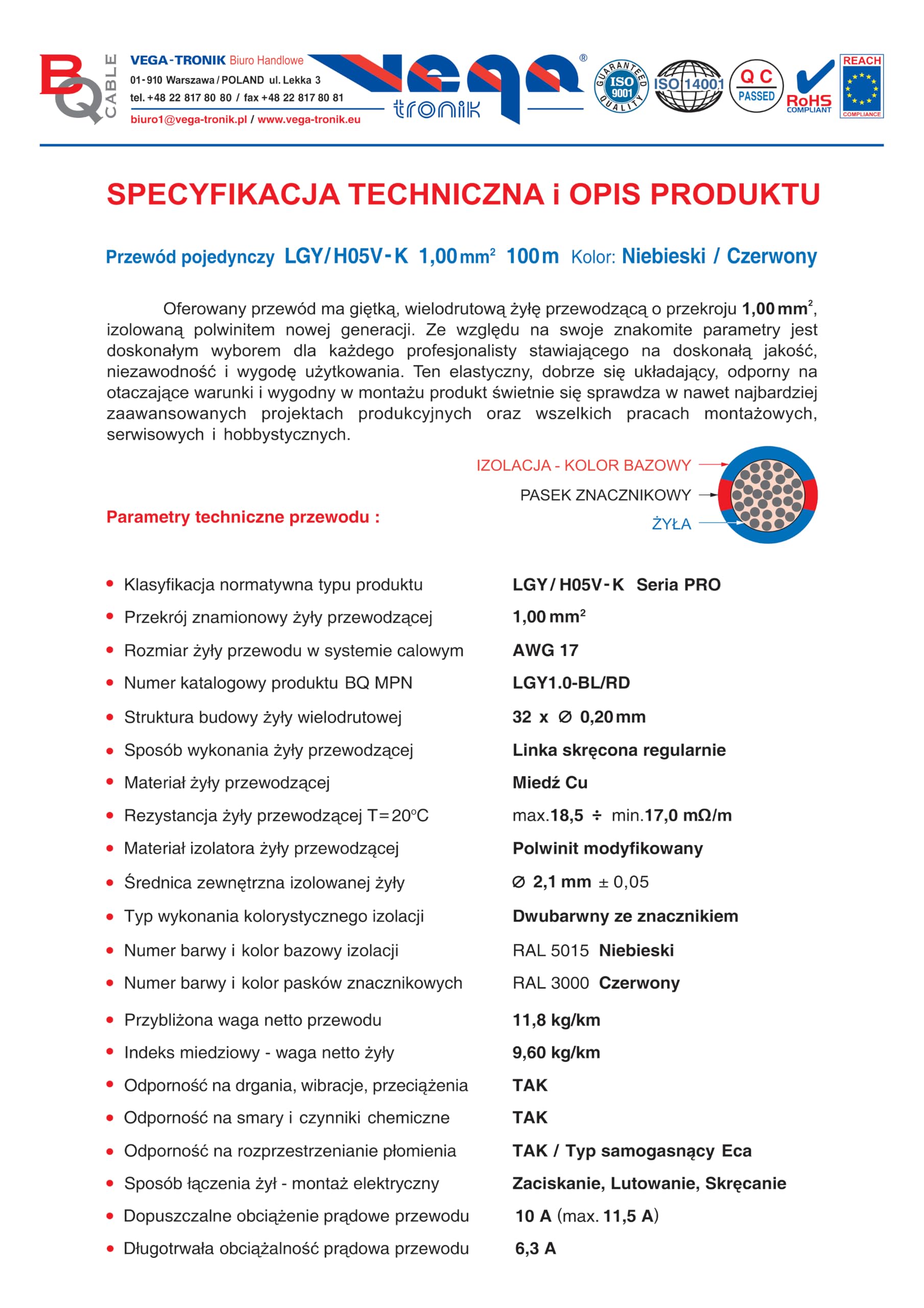 Filo singolo LGY/H05V- K 1,00 mm², 100 m, colore: blu/rosso