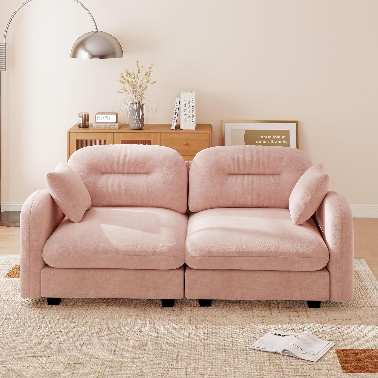 Livavege 74" Loveseat Sofa, 2 Seater Modular Sectional Sofa, Fluffy Pink Modular Cloud Sofa with Tufted Cushion Backrest, Wooden Base Chenille Couches for Living Room, Bedroom, Apartment