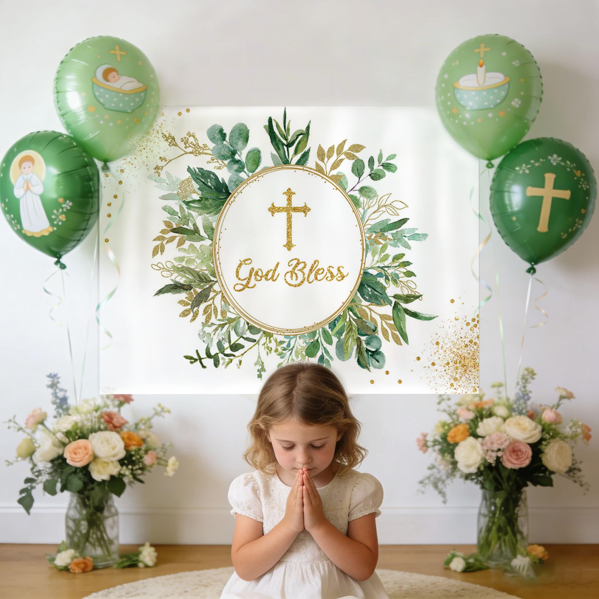 Buy Avezano Greenery God Bless Baptism Backdrop First Holy Communion Baby Shower Background Rustic Wood Green Gold Eucalyptus Botanical Gender Neutral