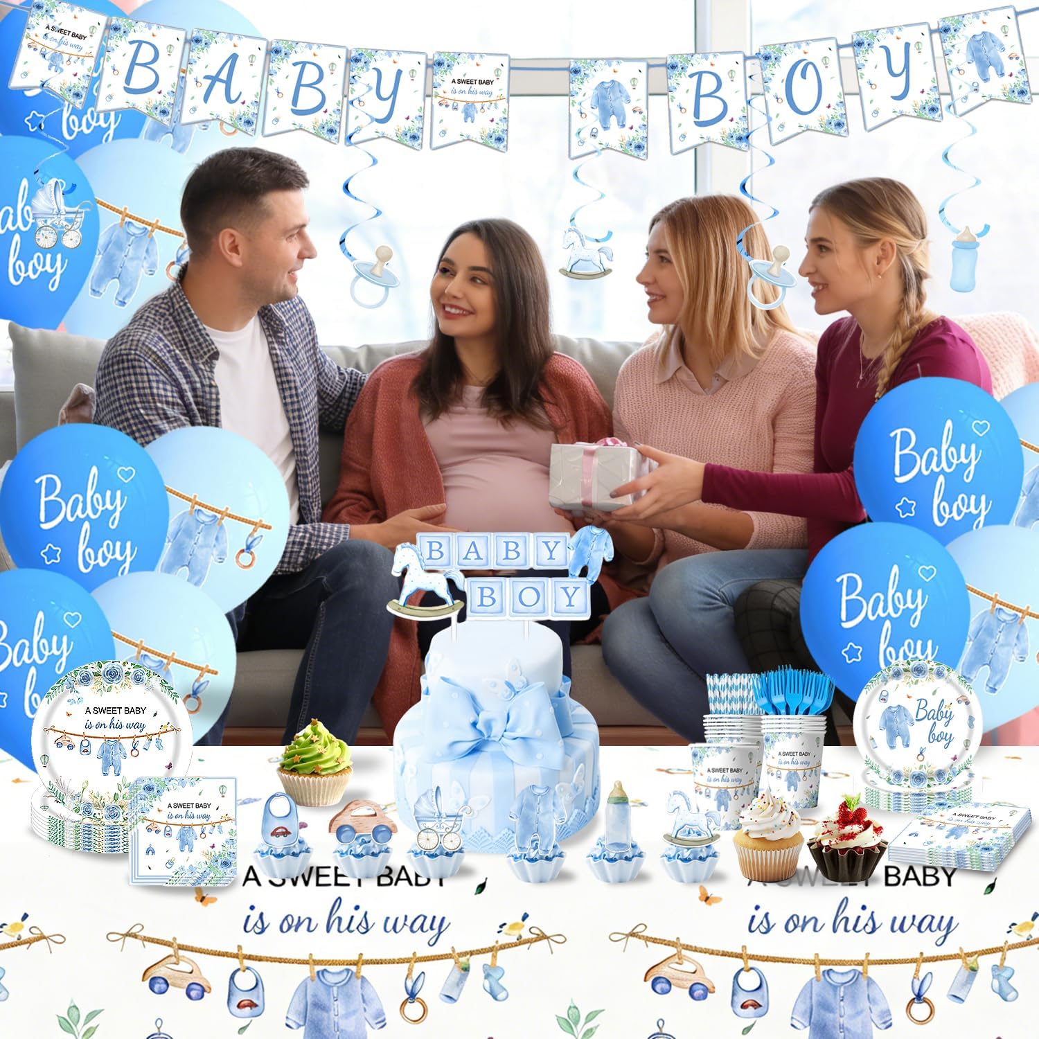 220 Pcs Baby Shower Decorations for Boy Serve 25 Guest - Blue Theme All-in-One Party Supplies Kit with Plates, Cups, Napkins, Forks, Straws, Banner, Tablecloth (220 pcs blue)