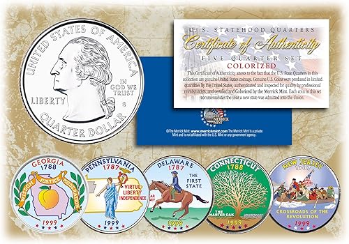 1999 US Statehood Quarters COLORIZED Legal Tender 5 monedas juego completo con cápsulas