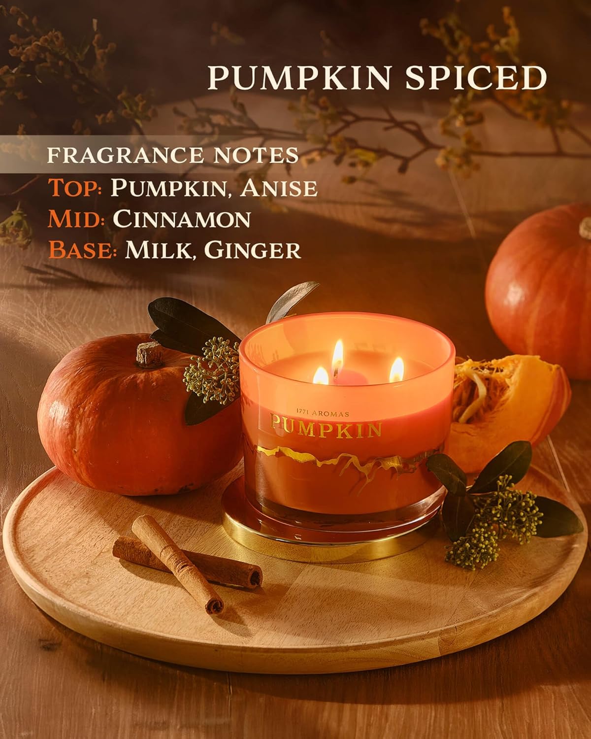 Pumpkin Spice Scented Candles - 100% Natural Soy Wax - Large 3 Wick Jar Candle - Up to 50 Hours Burning Time - Candles for Home - Gift-Ready Candle for Men & Women - Aromatherapy