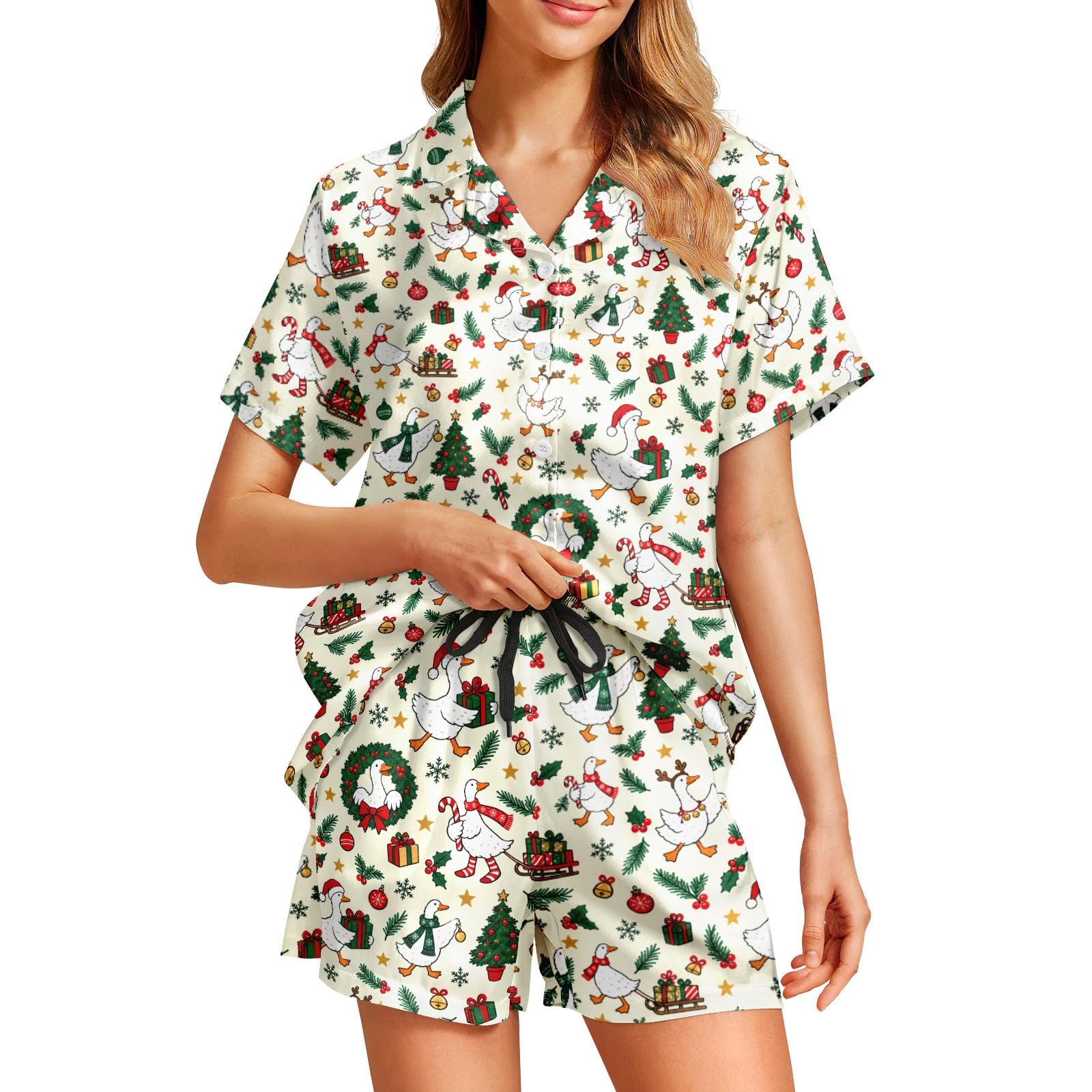 Funny Pajamas for Women Set Print Satin Loungewear Pjs Short Sleeve Button Down Top and Shorts Sets Sleepwear XS-3XL