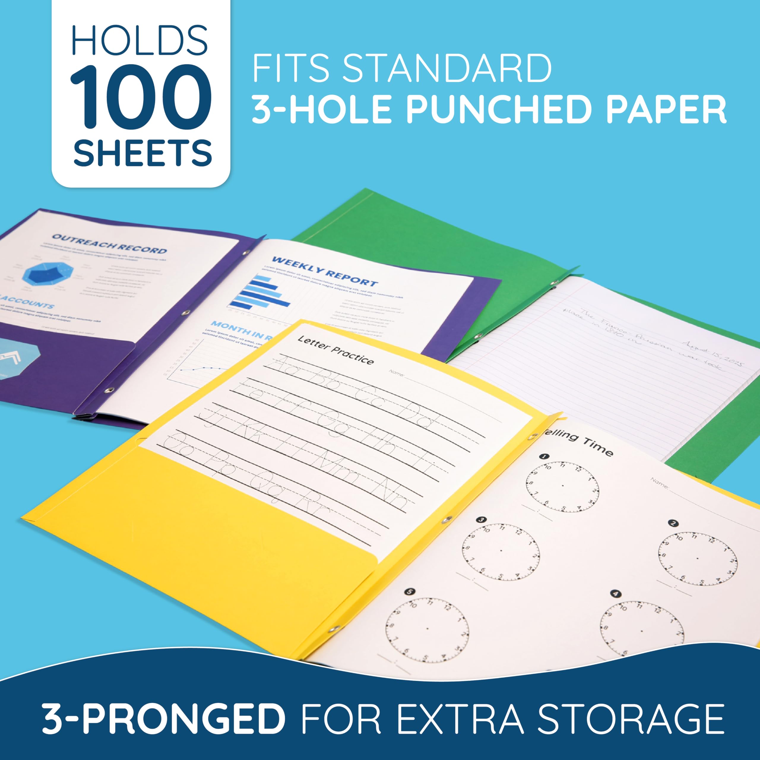 RAZCC 50 Pack Two Pocket Folders With Prongs - Blue, Fits Letter Size Paper, For School, Office, Home
