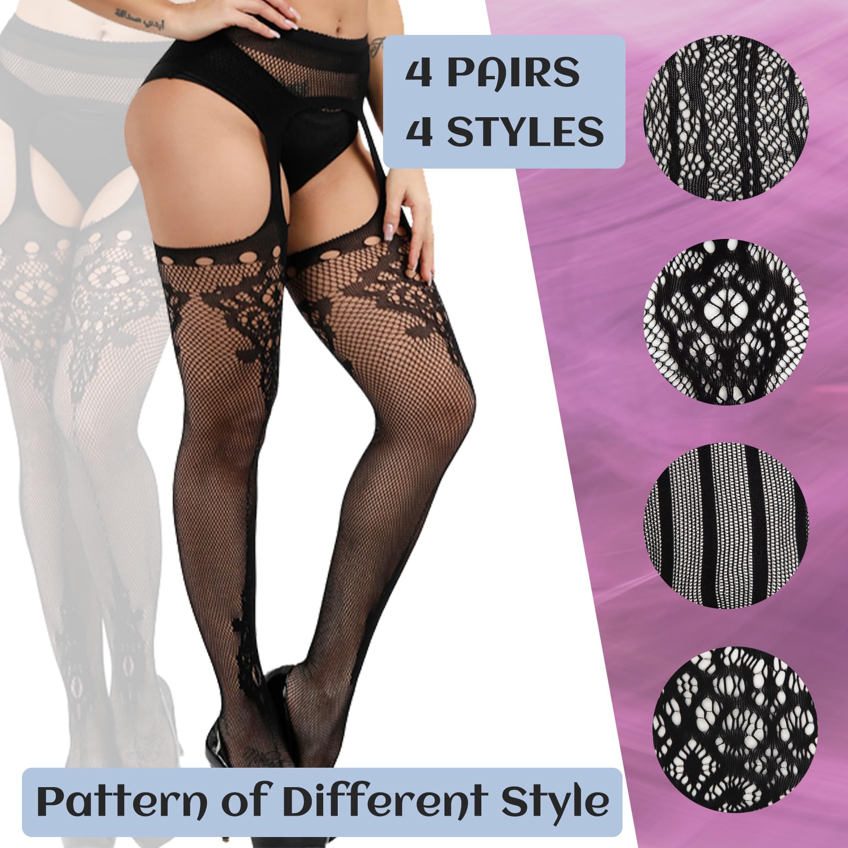 iCamter Plus Size Fishnet Stockings, Black Fishnet Tights Thigh High Stockings Suspender Pantyhose: One Size Black Style 2 (4 Pack)