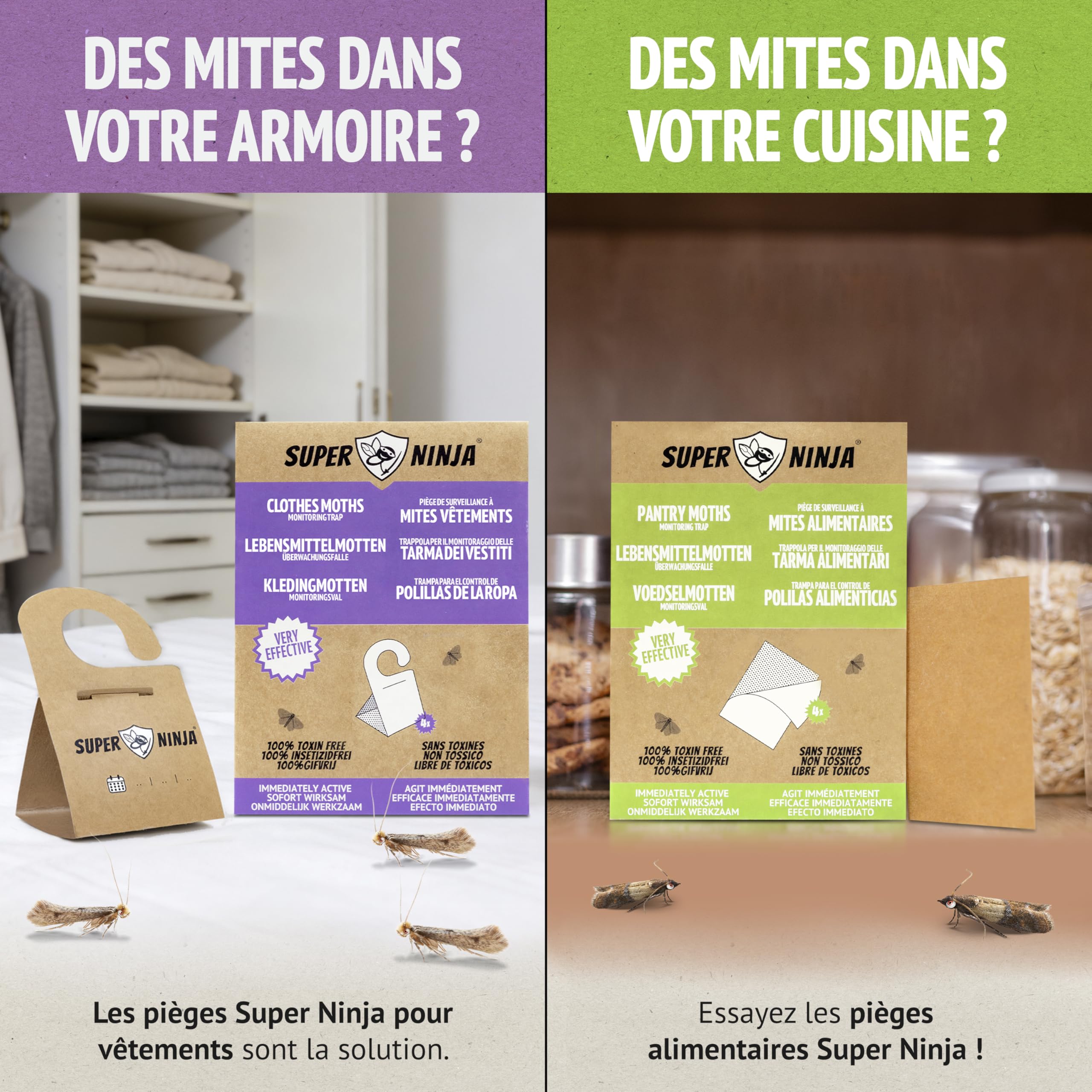Super Ninja Anti Mites Alimentaires Pack de 4 Pièges avec Phéromone Attractif Cuisine Placards Protection 3 Mois
