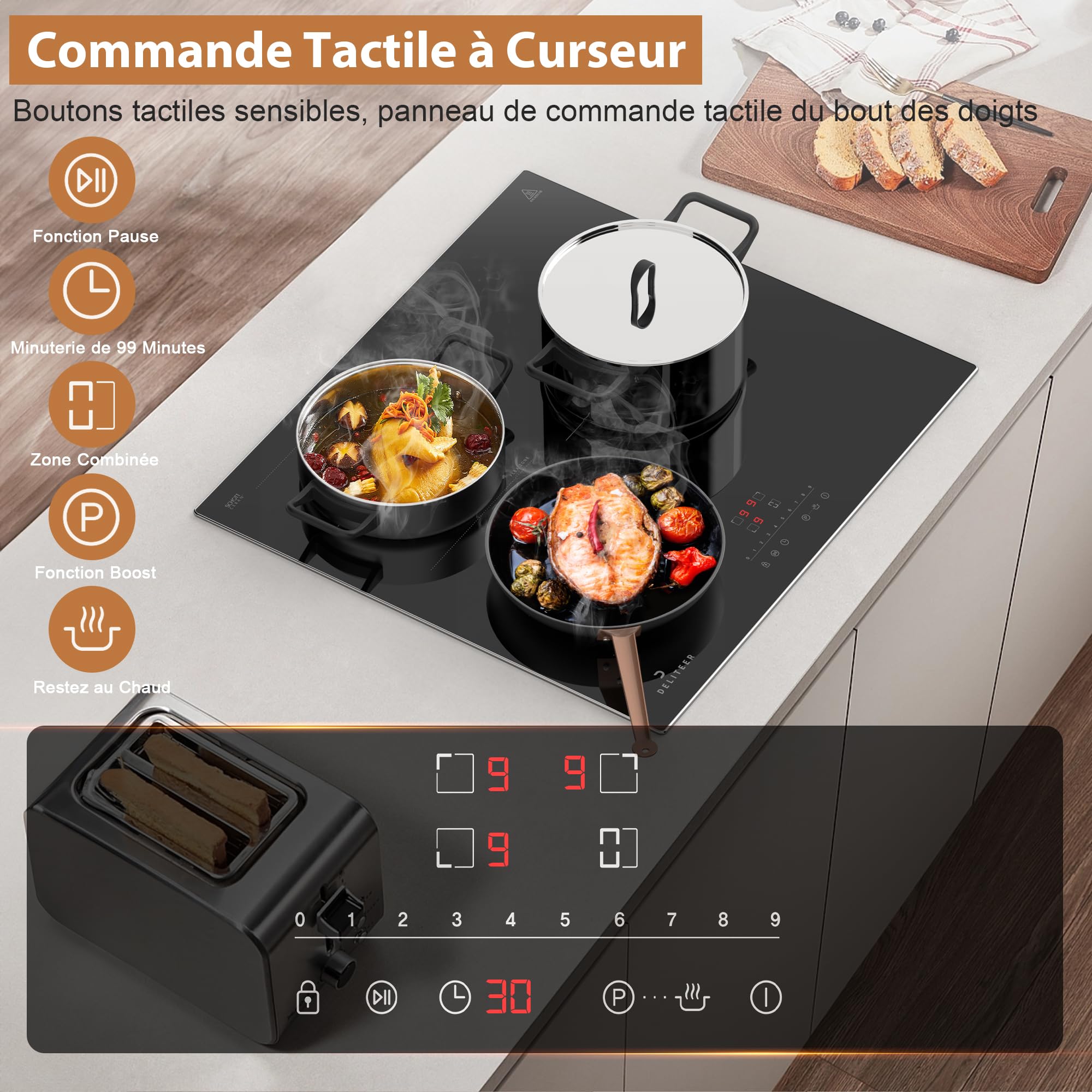 3 Burner Induction Hob, Induction Hob, Electric Hob 3 Hobs, Flexible Barbecue Area, Safety, Hob 6800W, Timer 1-99 min, 230 V