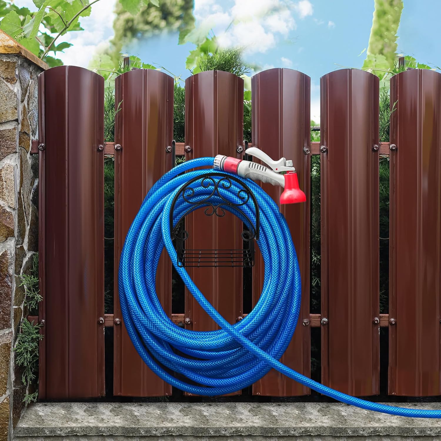 Wonderjune 2 Pack Hose Holder Wall Mount with Tool Storage Basket Garden Heavy Duty Hose Holder Hanger Fits 3/4 Inch to 1-1/4 Inch Railing for Expandable Reel Water Pocket Flexible Hook