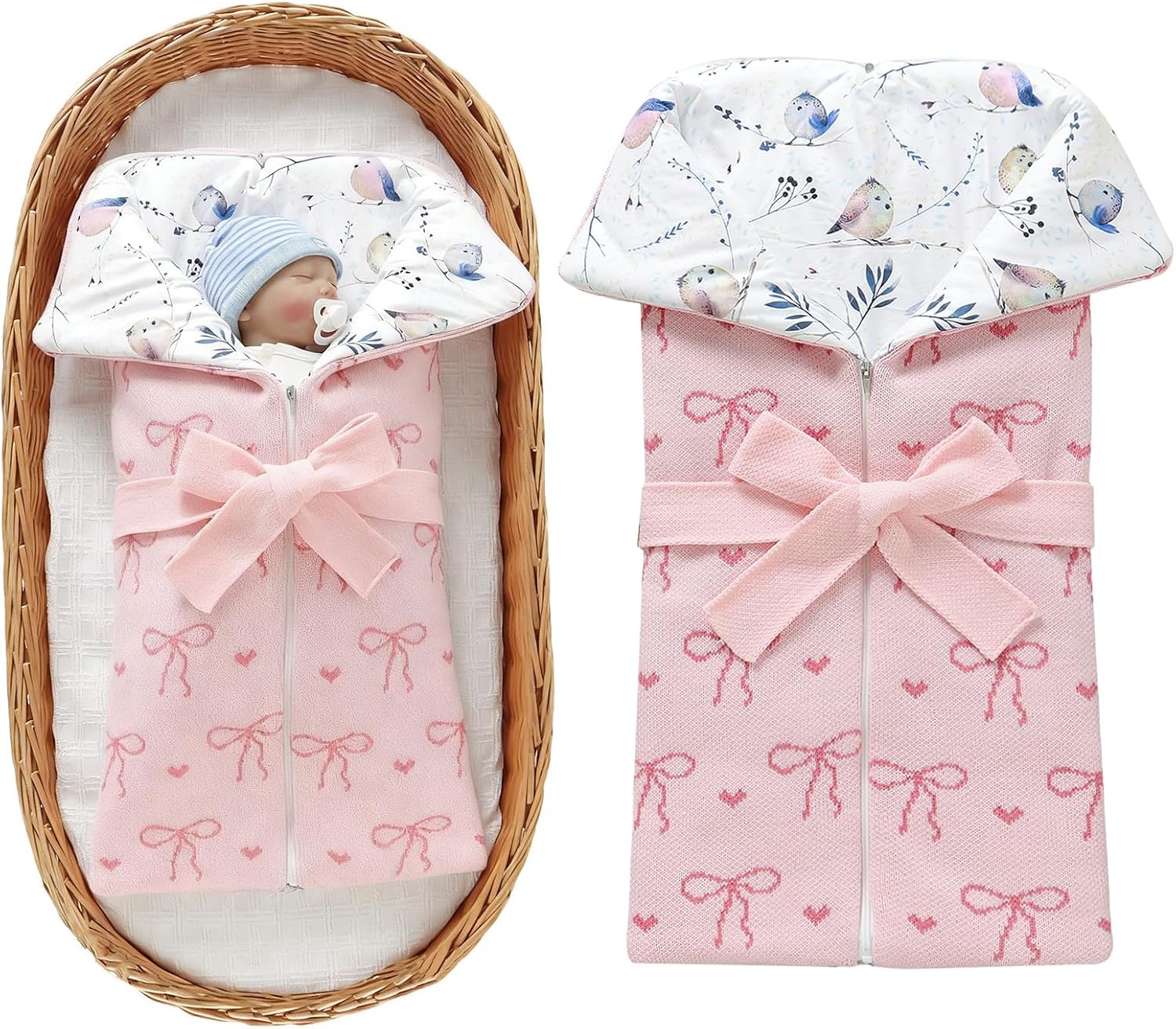 Winmany Baby Swaddle Blanket Newborn Winter Sleeping Bag with Bow Soft Acrylic Knit Wrap for 0-6 Months Infant Boys & Girls (Pink)