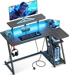 ODK Gaming Desk with LED Lights & Power Outlets, 100CM Computer Desk with Monitor Stand, Corner Desk with Hook & Storage, L Shaped Gaming Desk Carbon Fiber Black