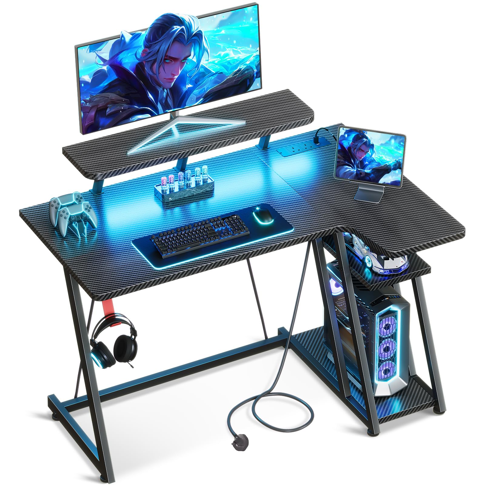 ODK Gaming Desk with LED Lights & Power Outlets, 100CM Computer Desk with Monitor Stand, Corner Desk with Hook & Storage, L Shaped Gaming Desk Carbon Fiber Black