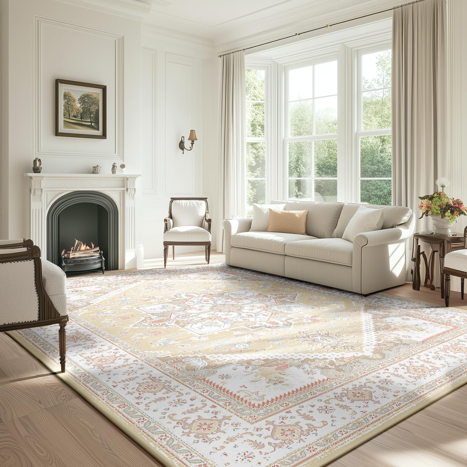 BESTSWEETIE Area Rugs 9x12 Rug for Living Room, Washable Rugs 9x12, Non Slip Water Repellent Floor Carpet, Low Pile Soft Vintage Rug for Bedroom Dining Room Indoor-Cream/Light Yellow/Brown/Blue/Red