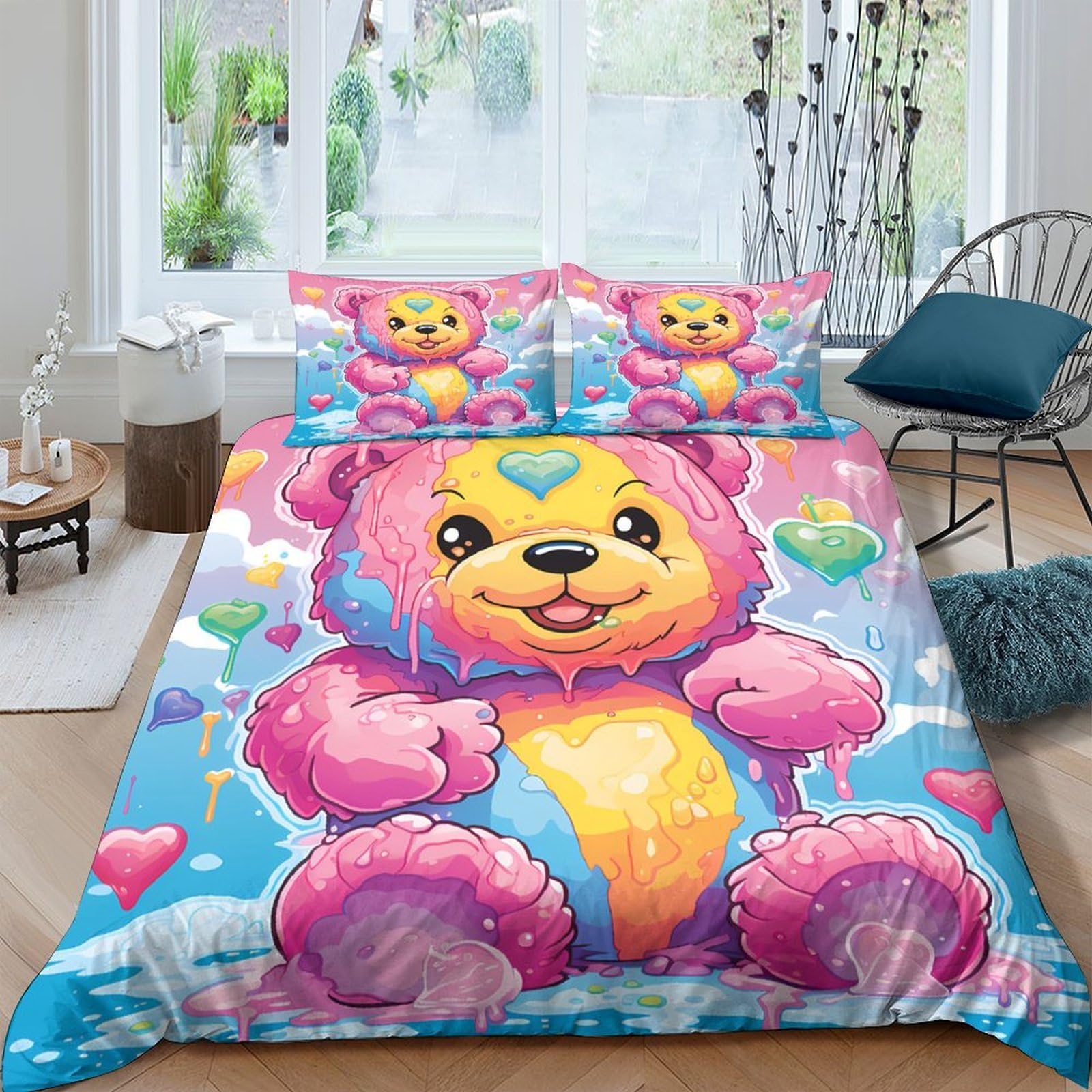 Ctjqhvkz Style-1 3D Printed Cute Bear Fitted Sheet Microfiber Pink Blue Cartoon Heart Mattress Cover For Bedroom Guest Room Dormitory Decor Single（135X200cm）