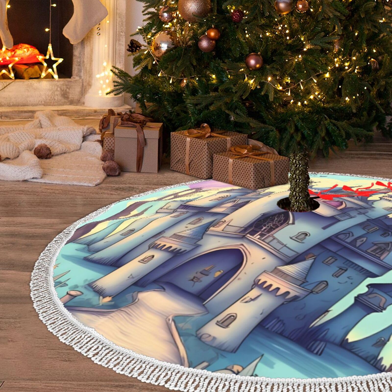 Jupe de sapin de Noël peluche douce 122 cm avec pompons blancs de conte