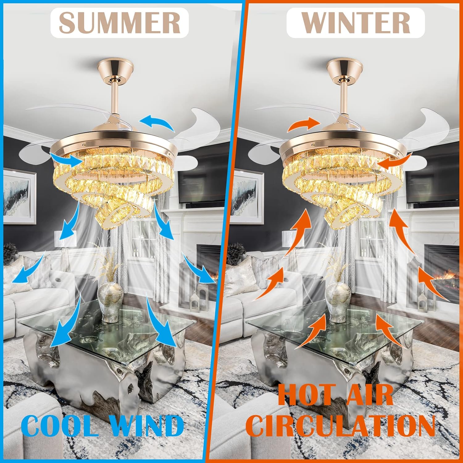 42" Crystal Ceiling Fan with Lights Modern Crystal Chandeliers Ceiling Fan Remote,Dimmable Fandelier Retractable Crystal Ceiling Fan,Invisible Fan Rings LED Chandelier (Big Crystal, Gold)