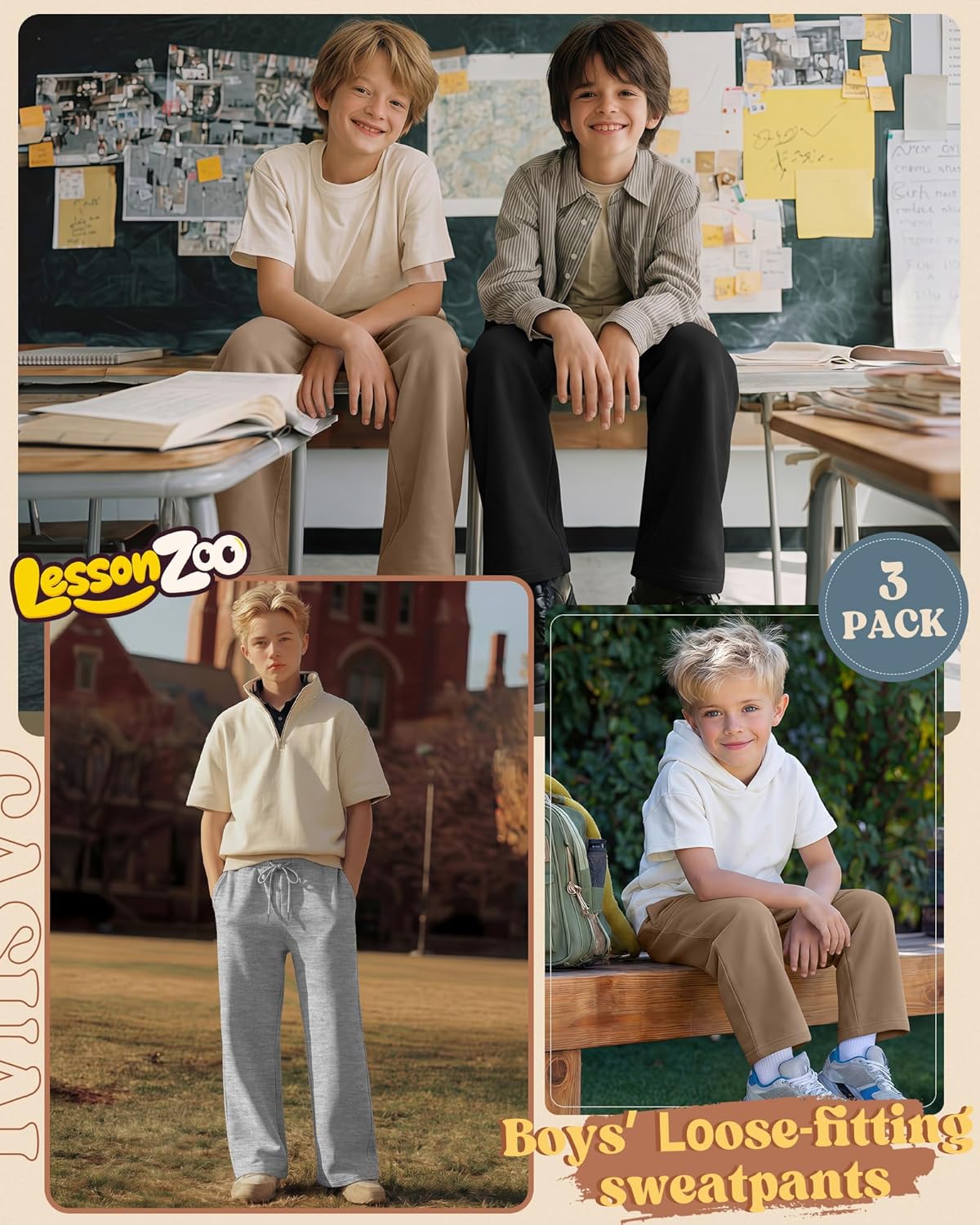 3 Pack Boy’s Baggy Sweatpants Athletic Wide Leg Joggers Elastic Waist Track Pants Open Bottom Pants with Pockets