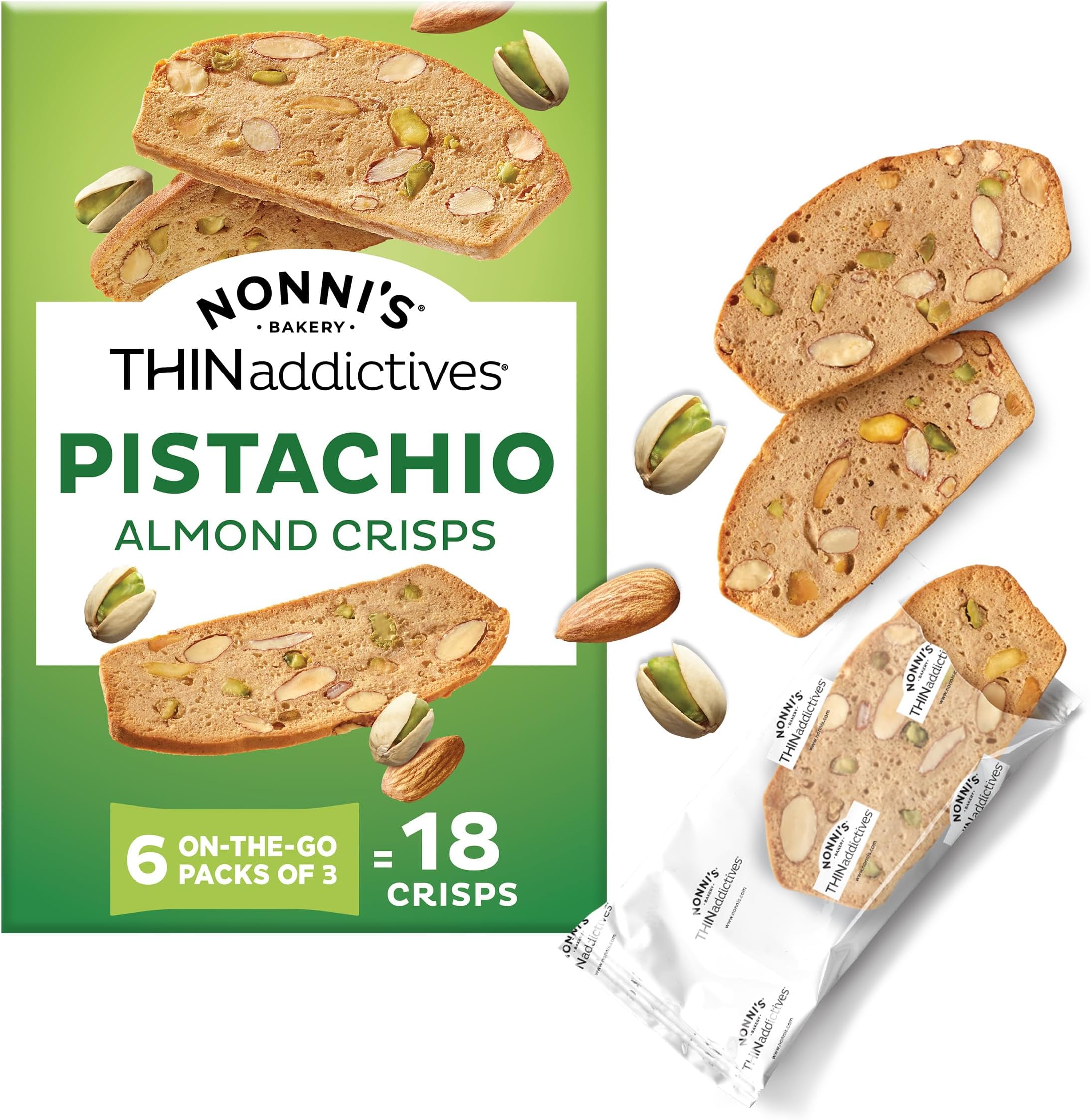 Nonni's THINaddictives Almond Thin Cookies, Pistachio Almond Biscotti, Sweet Crunchy & Chewy, Individually Wrapped, Kosher Snack, Perfect with Coffee, 4.4 oz (6 pack of 3 crisps each)
