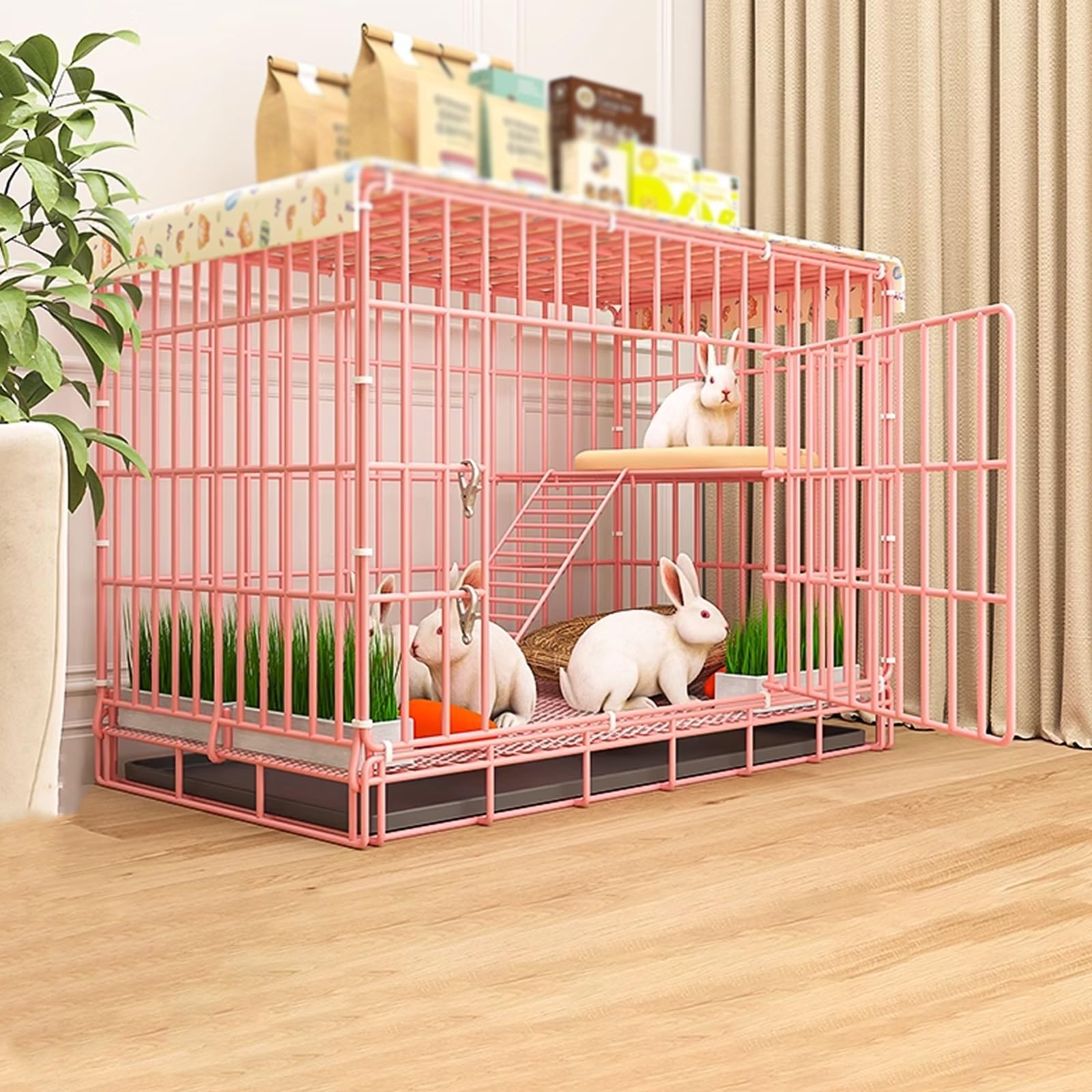 Jaula de conejo para interiores y exteriores, fácil de limpiar y plegable, resistente de metal con bandeja para heces y almohadilla para patas para animales pequeños