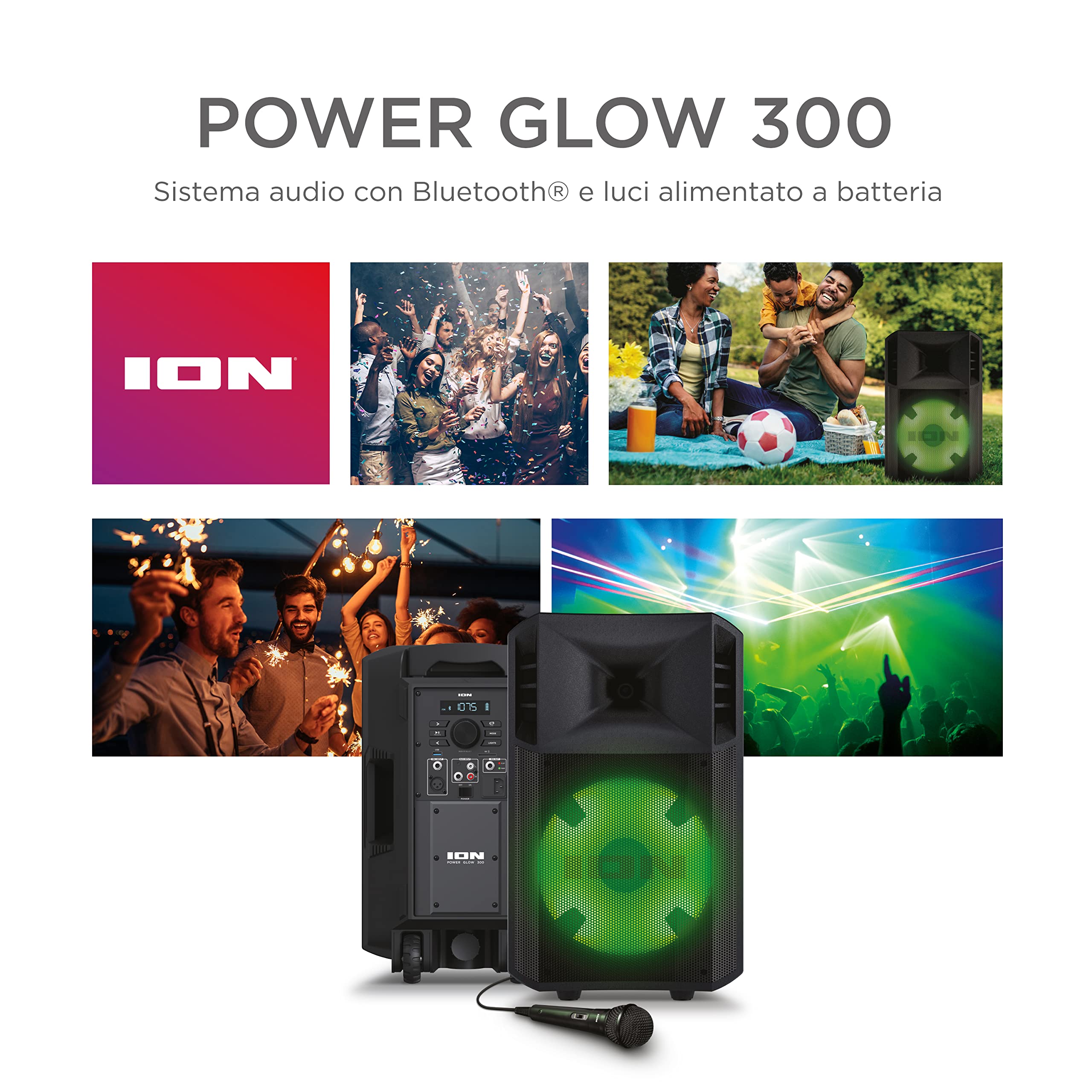 ION Audio Power Glow - Cassa Bluetooth Amplificata Potente da 300 Watt con Мicrofono Karaoke, Luci, Mixer Audio Multicanale e Batteria Ricaricabile, Nero