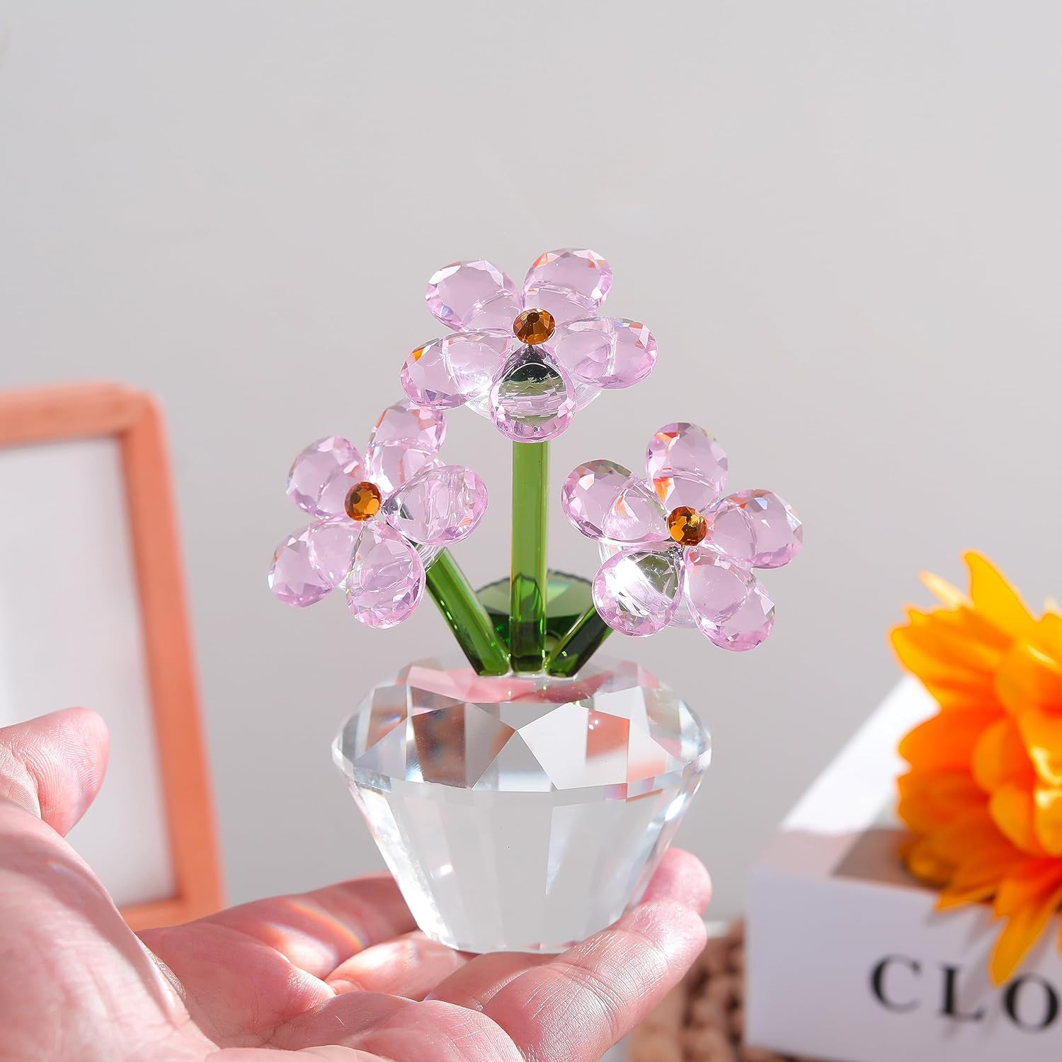 Qianwei Pink Forget Me Not Crystal Flowers - Sympathy Glass Flowers Collectible Figurines Decor Paperweight Ornament Home Office Table Desk Decorations - Image 6