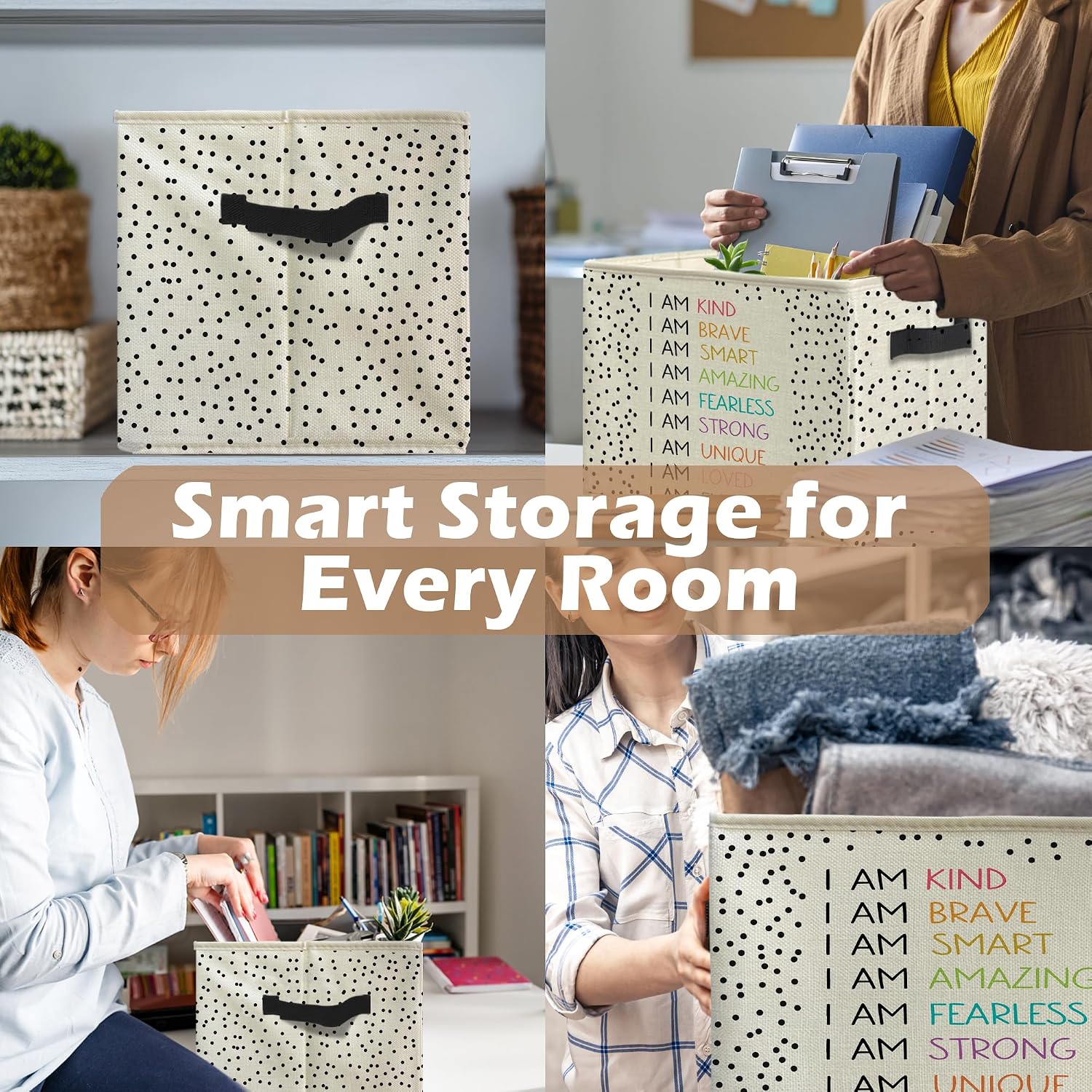 Boho Colorful Inspirational Storage Bins, Positive Affirmation Gifts for Collapsible Storage Box Laundry Basket with Handle for Playroom Home Bedroom Bathroom Clothes Books